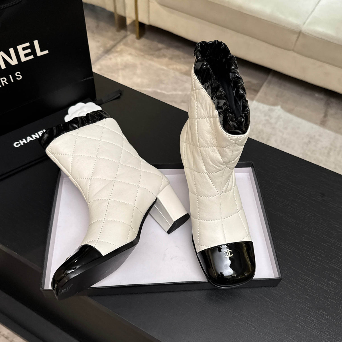 Chanel 26s Quilted Ankle Boots 6cm White Black Leather 167941