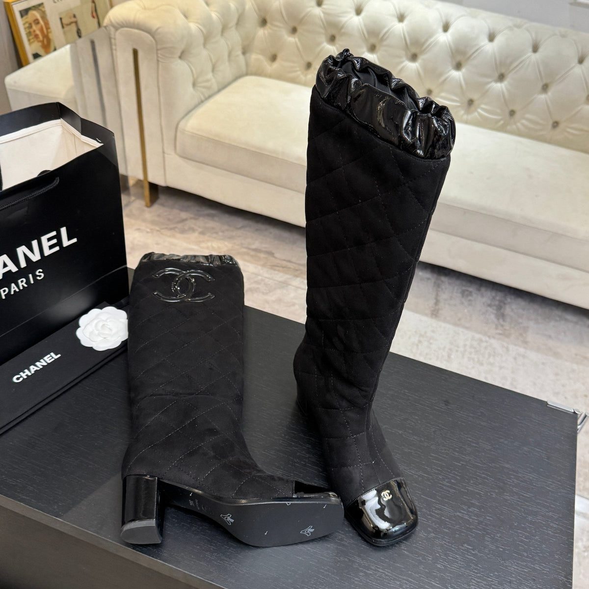 Chanel 26s Quilted High Boots 6cm Black Suede Leather 167943