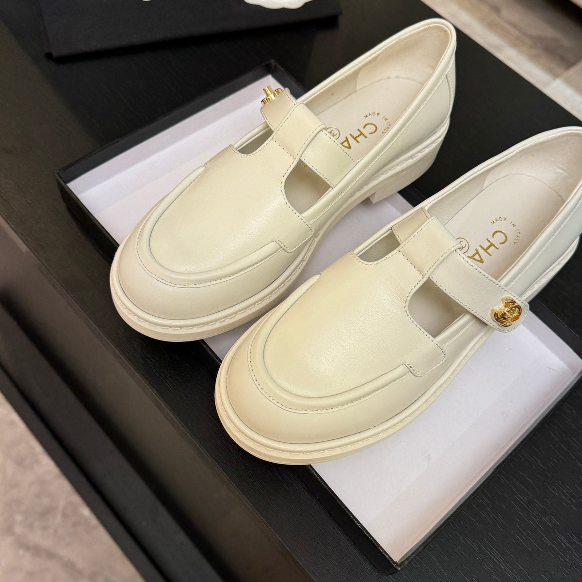 Chanel 26s Mary Jane Loafers 3cm Cream Leather 167974