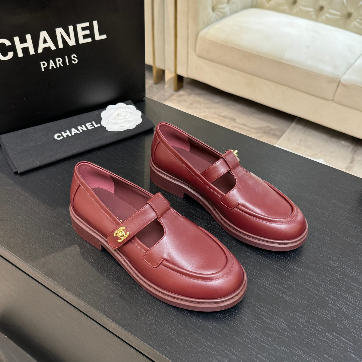 Chanel 26s Mary Jane Loafers 3cm Burgundy Leather 167975