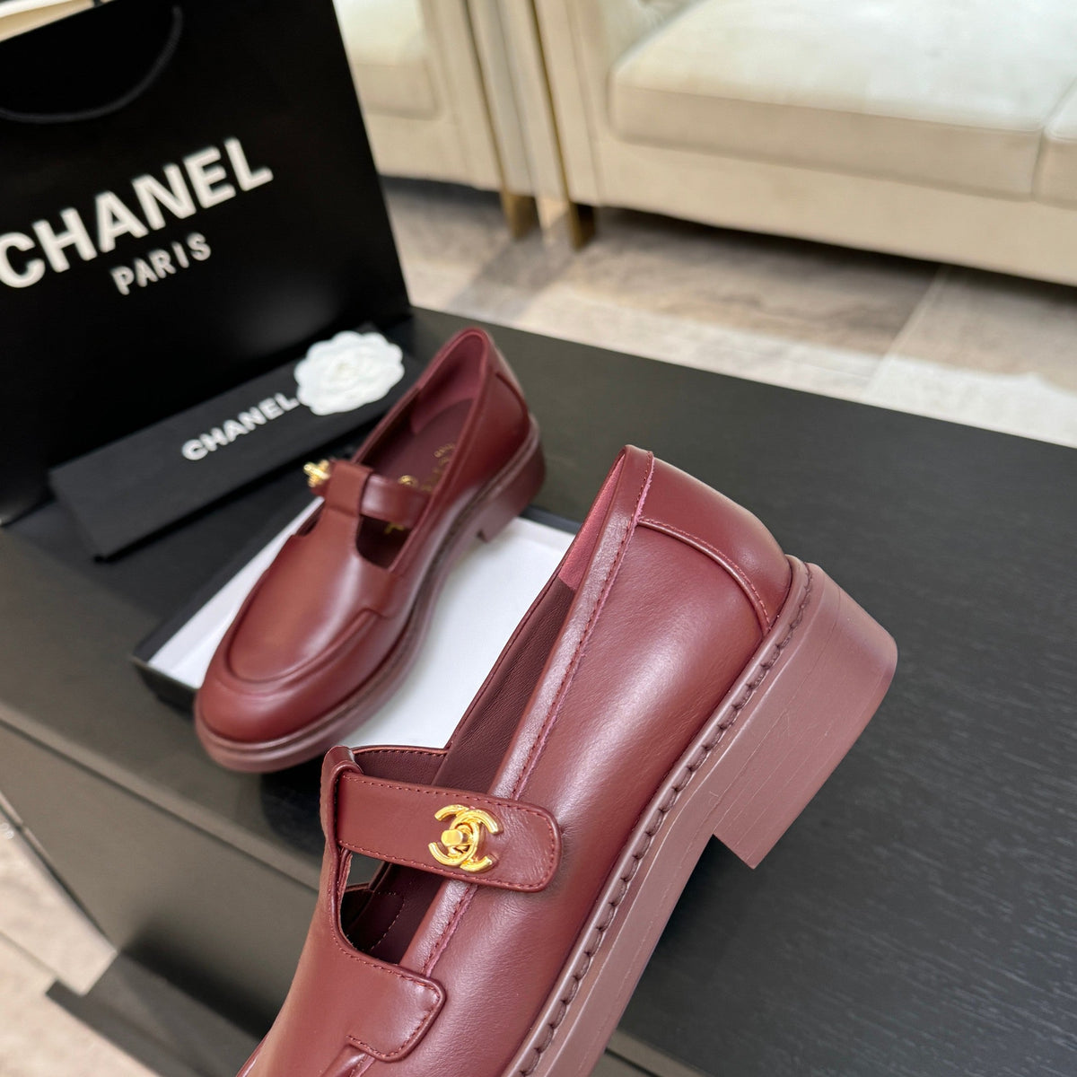 Chanel 26s Mary Jane Loafers 3cm Burgundy Leather 167975