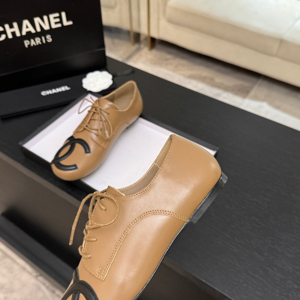 Chanel 26s Cambon Oxfords Camel Black Leather 168047