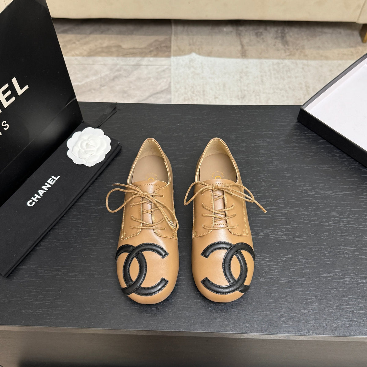 Chanel 26s Cambon Oxfords Camel Black Leather 168047