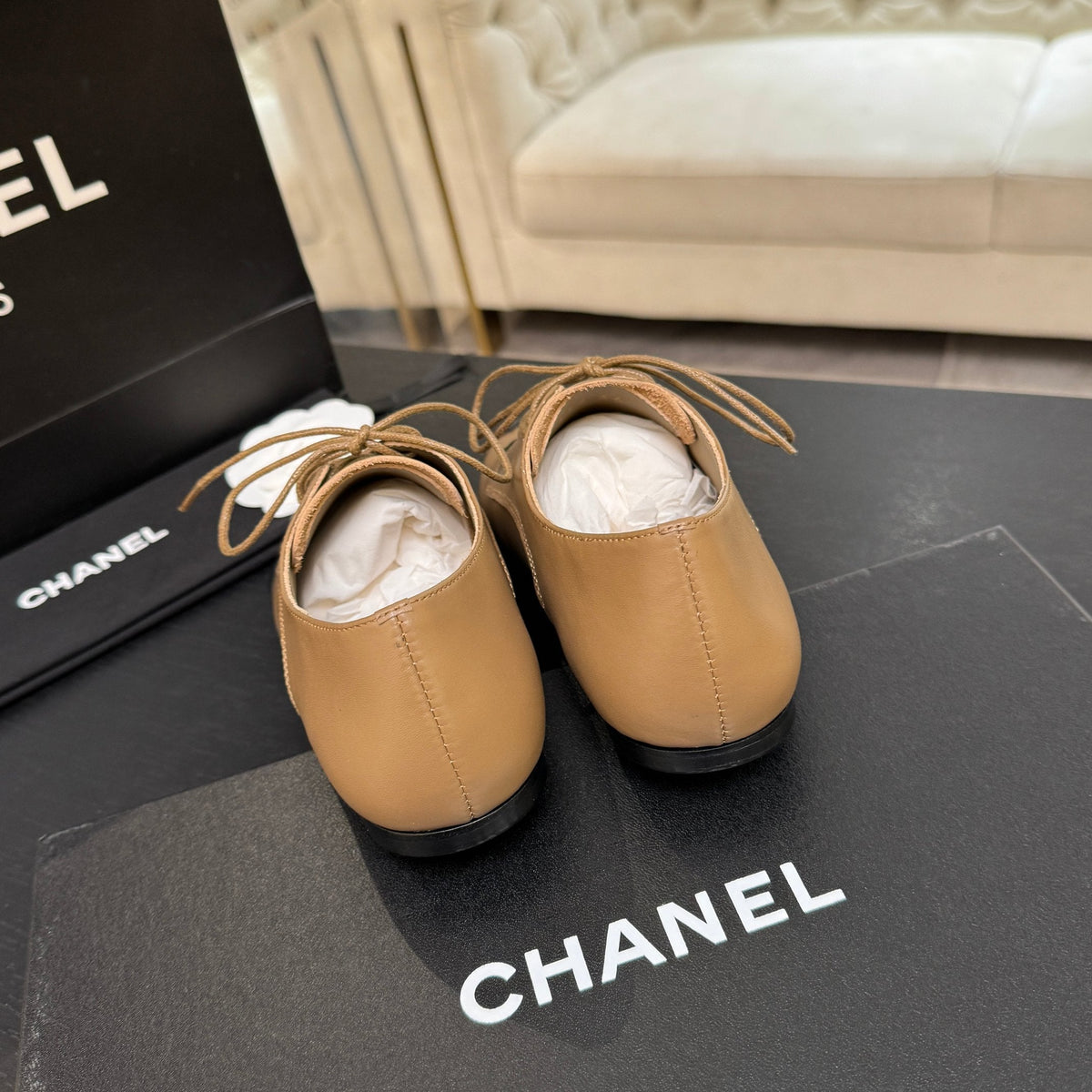 Chanel 26s Cambon Oxfords Camel Black Leather 168047