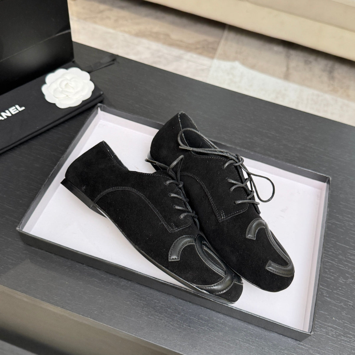 Chanel 26s Cambon Oxfords Black Suede 168049