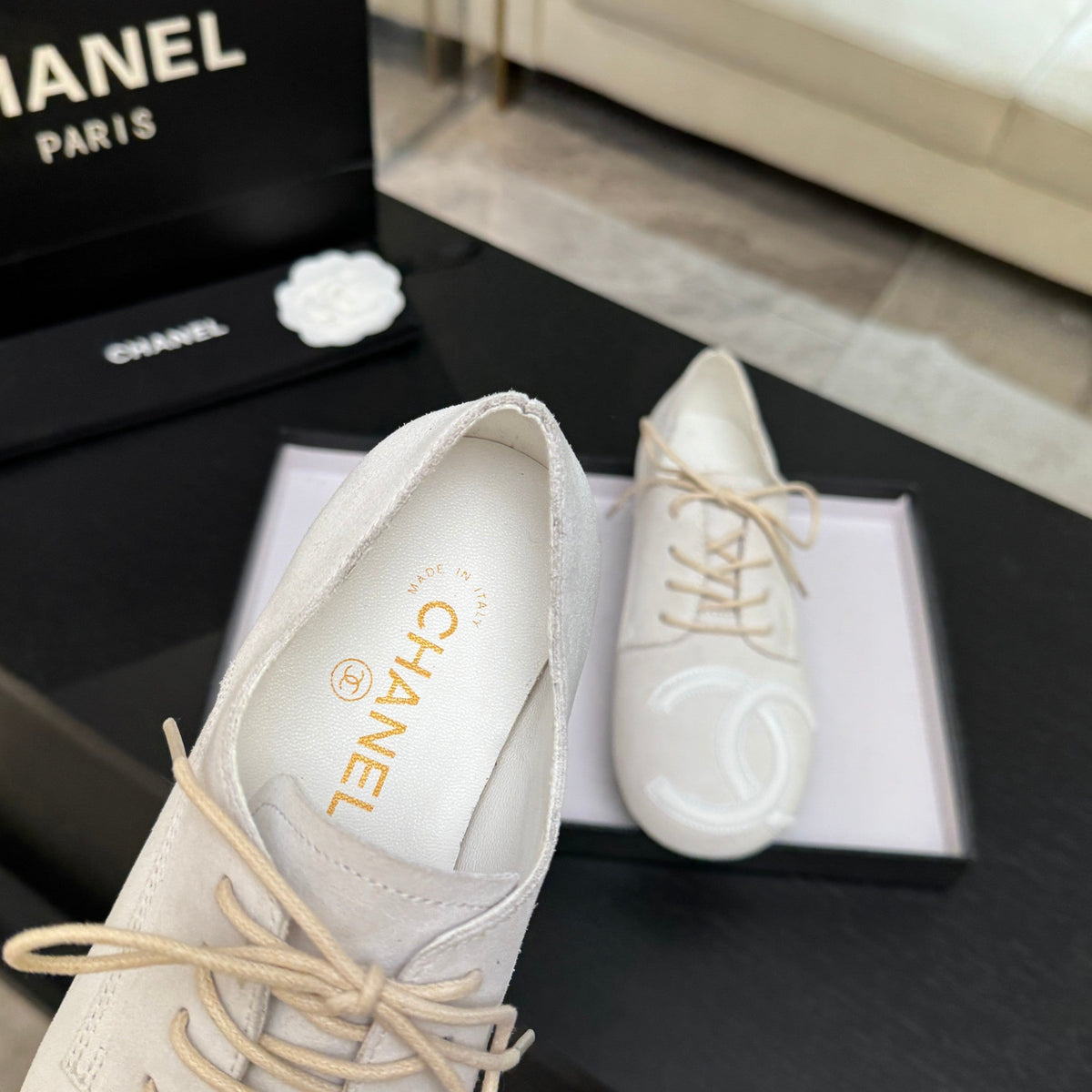 Chanel 26s Cambon Oxfords Cream Suede 168050