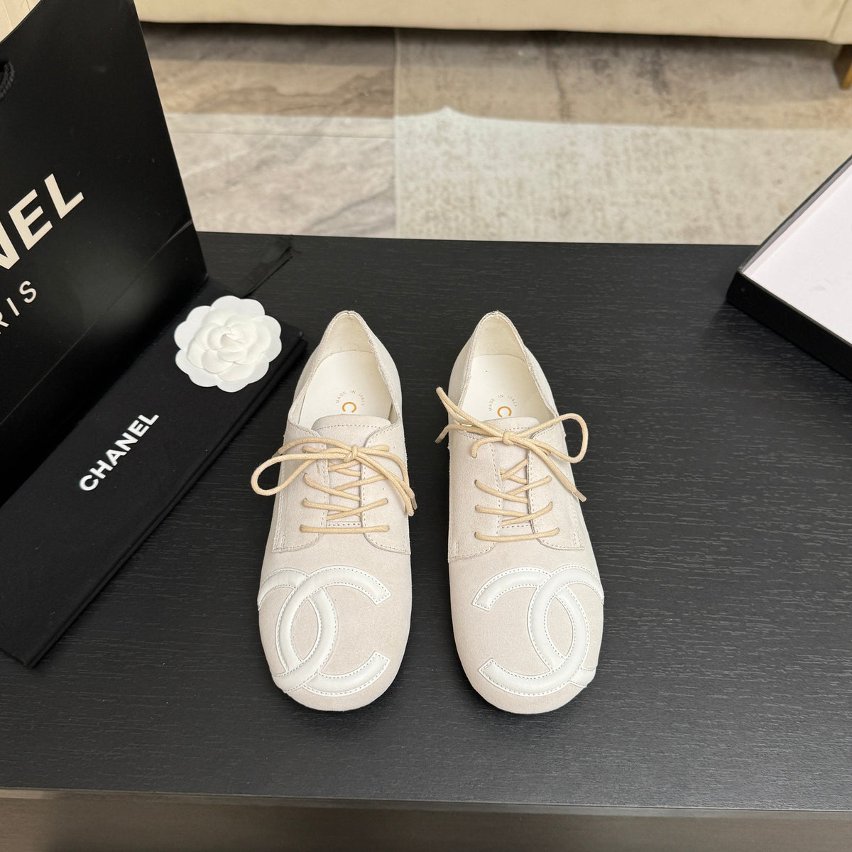 Chanel 26s Cambon Oxfords Cream Suede 168050
