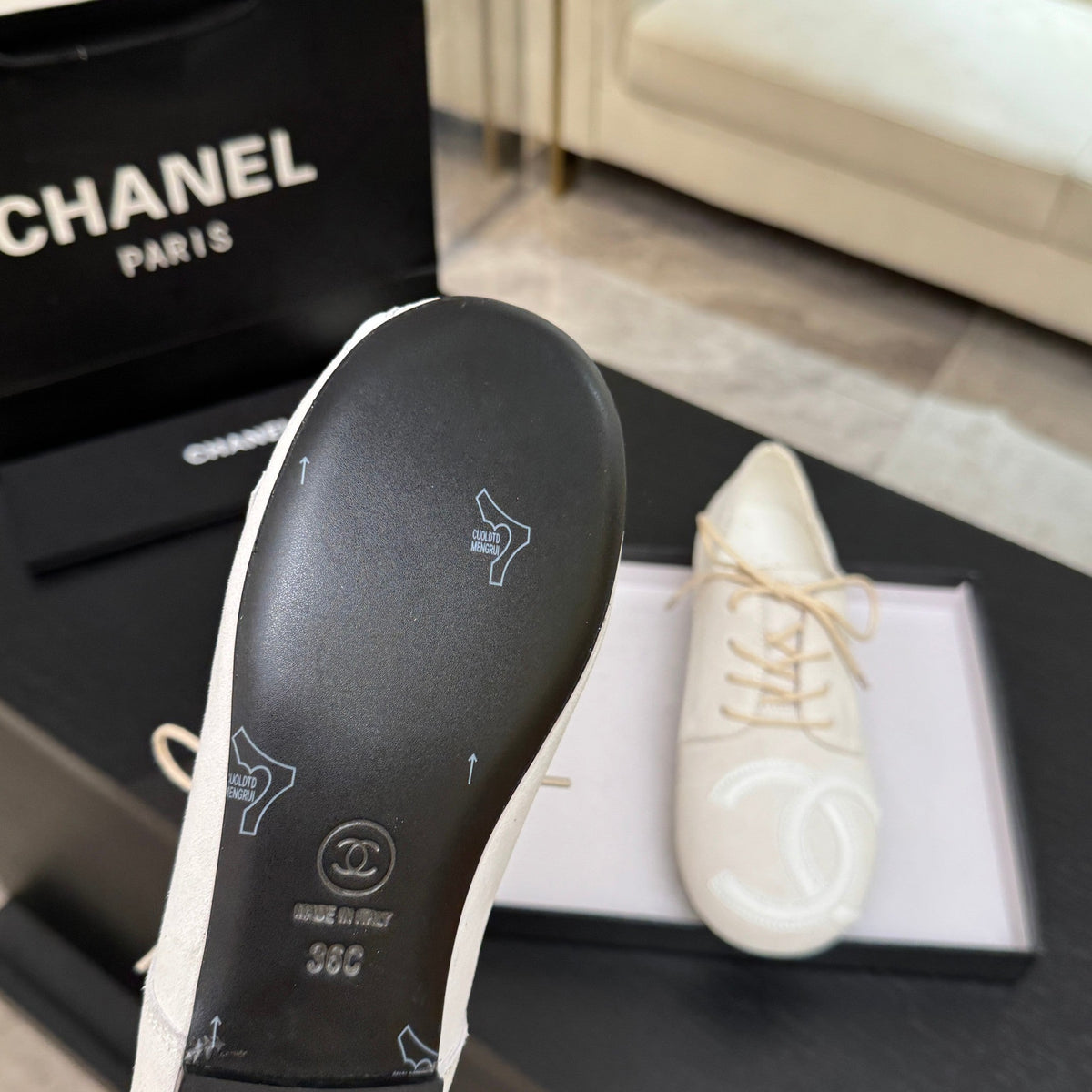 Chanel 26s Cambon Oxfords Cream Suede 168050
