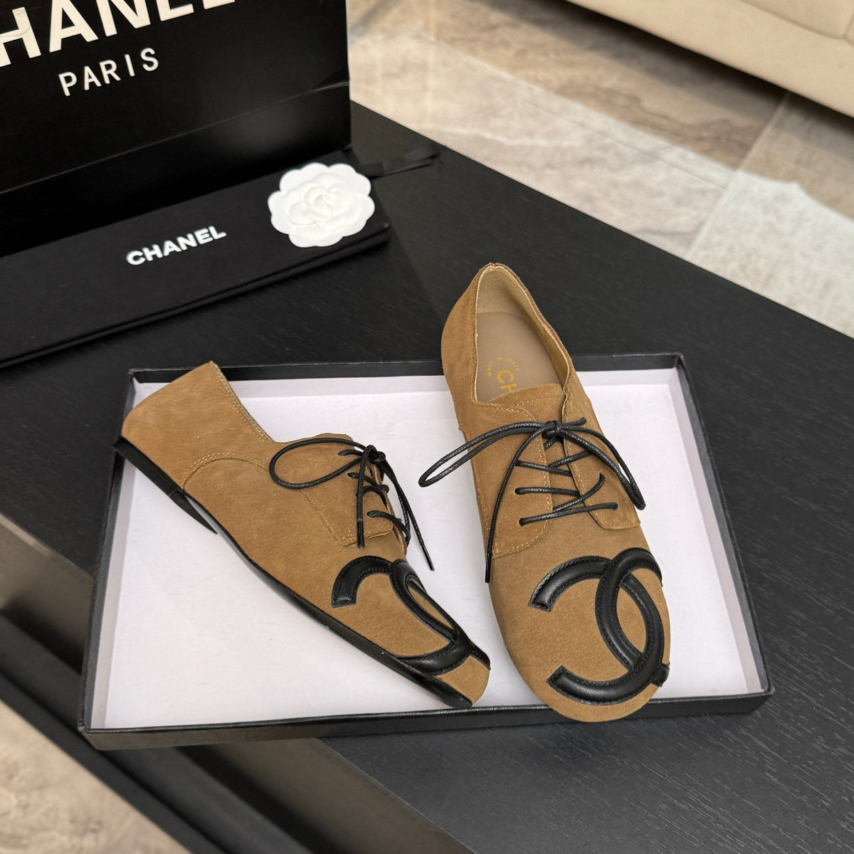 Chanel 26s Cambon Oxfords Beige Suede 168051