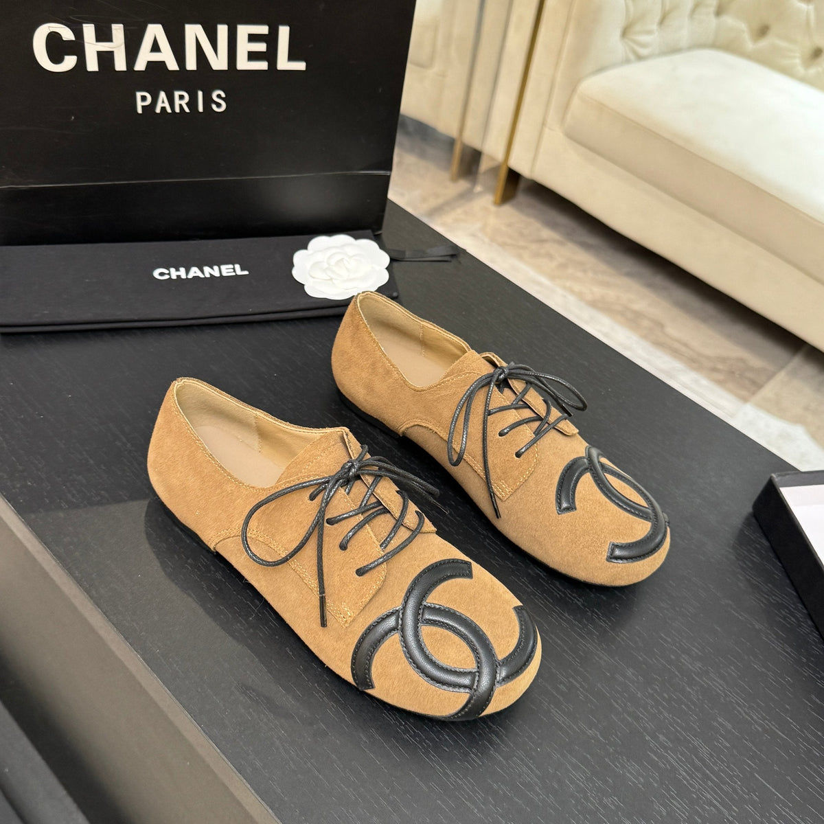 Chanel 26s Cambon Oxfords Beige Suede 168051
