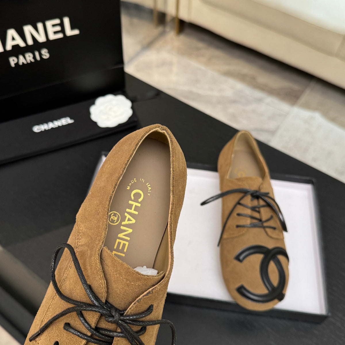Chanel 26s Cambon Oxfords Beige Suede 168051