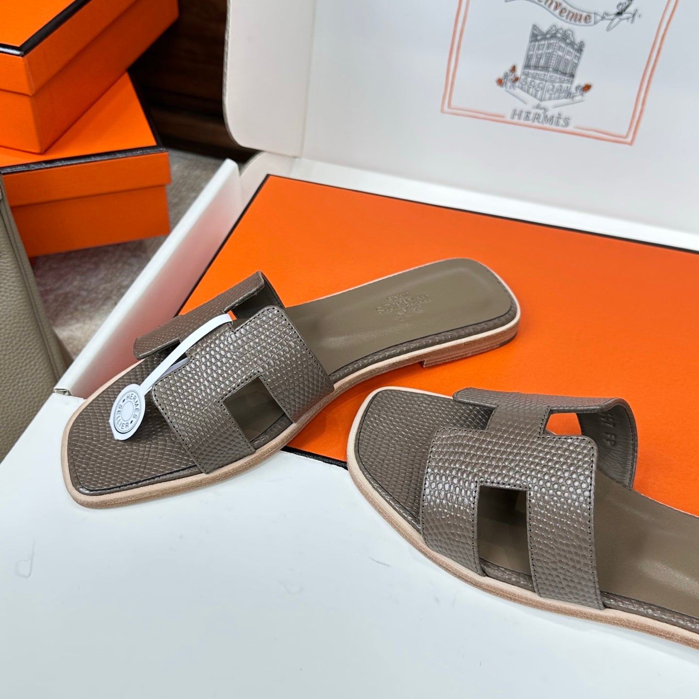 HM Oran Sandal Coffee Embossed Lizard Leather 802366