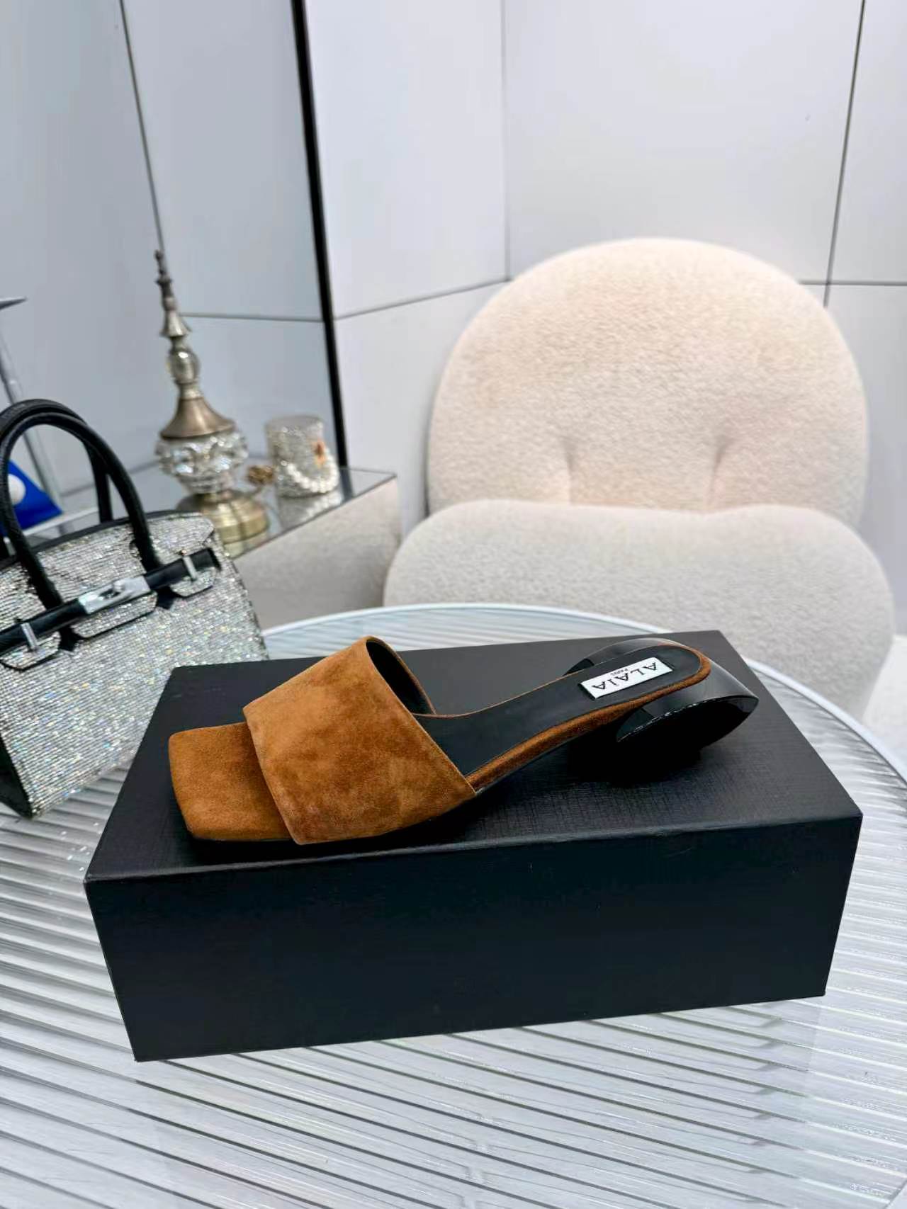 Alaia Suede Ellipse Mules 3cm Brown Black Suede 986460