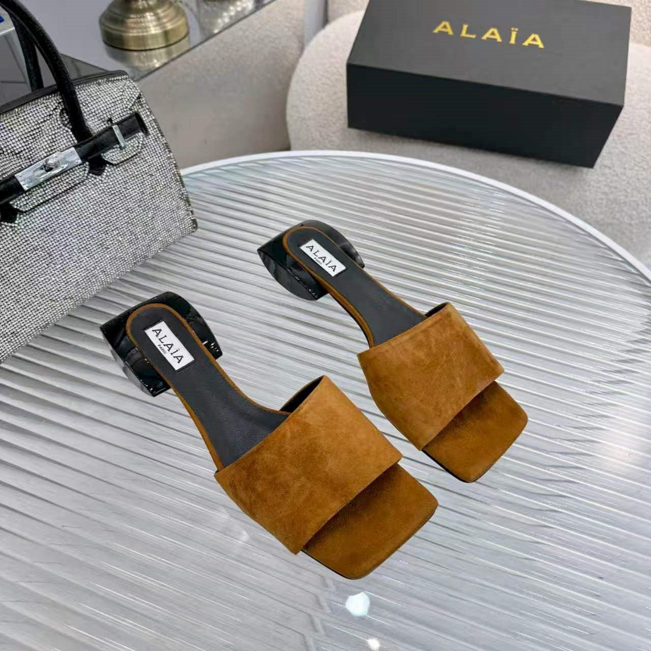 Alaia Suede Ellipse Mules 3cm Brown Black Suede 986460