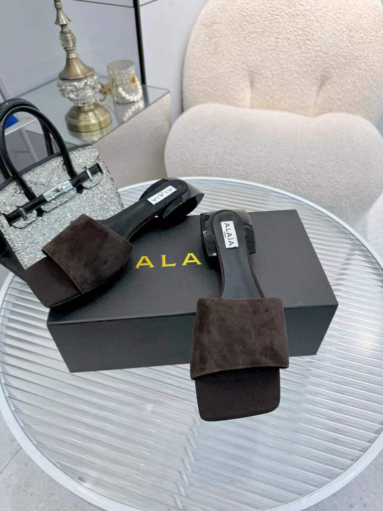 Alaia Suede Ellipse Mules 3cm Dark Brown Suede 986458