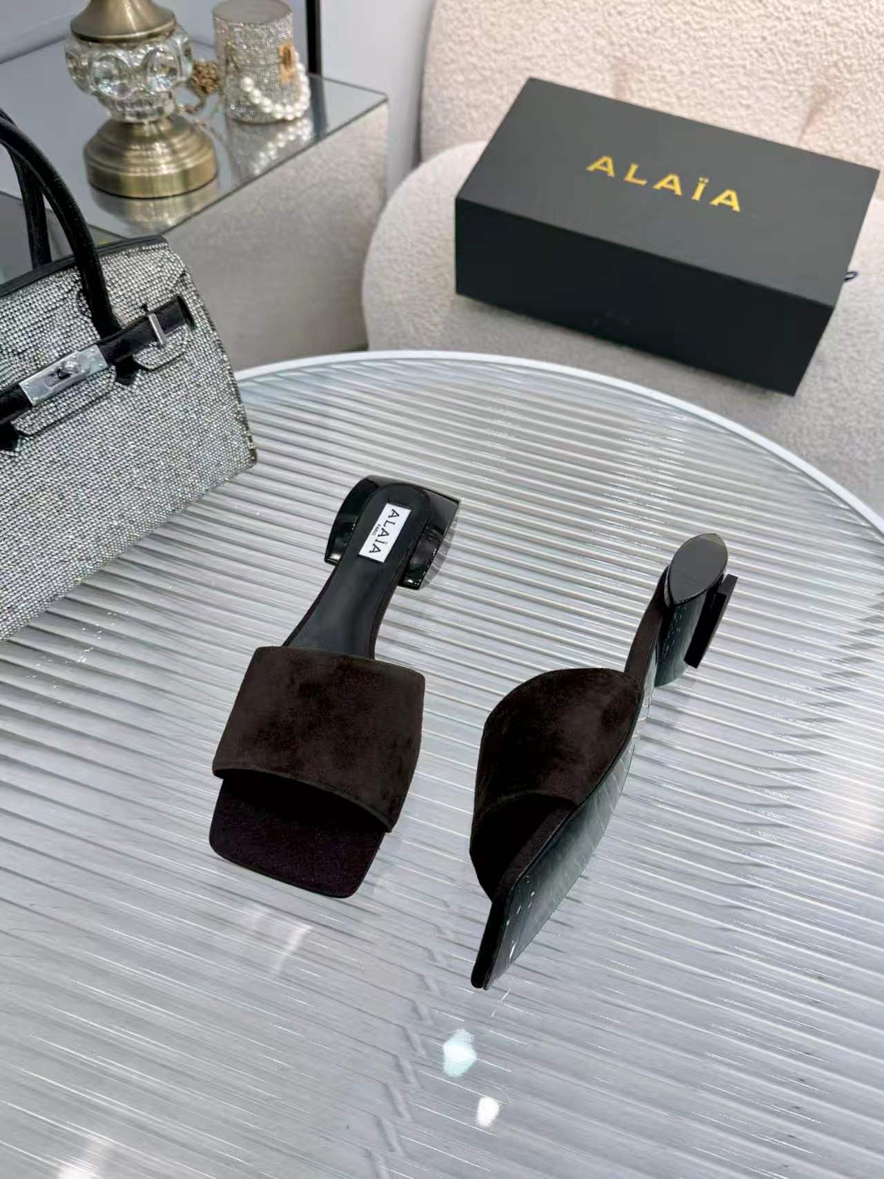 Alaia Suede Ellipse Mules 3cm Dark Brown Suede 986458