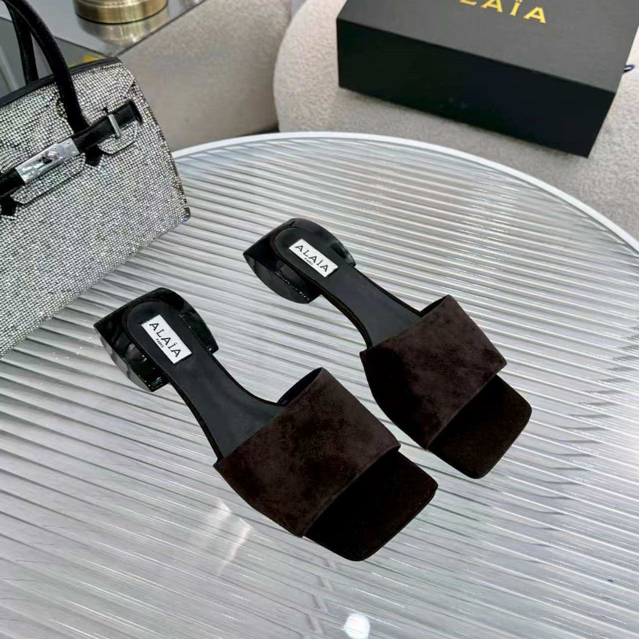 Alaia Suede Ellipse Mules 3cm Dark Brown Suede 986458