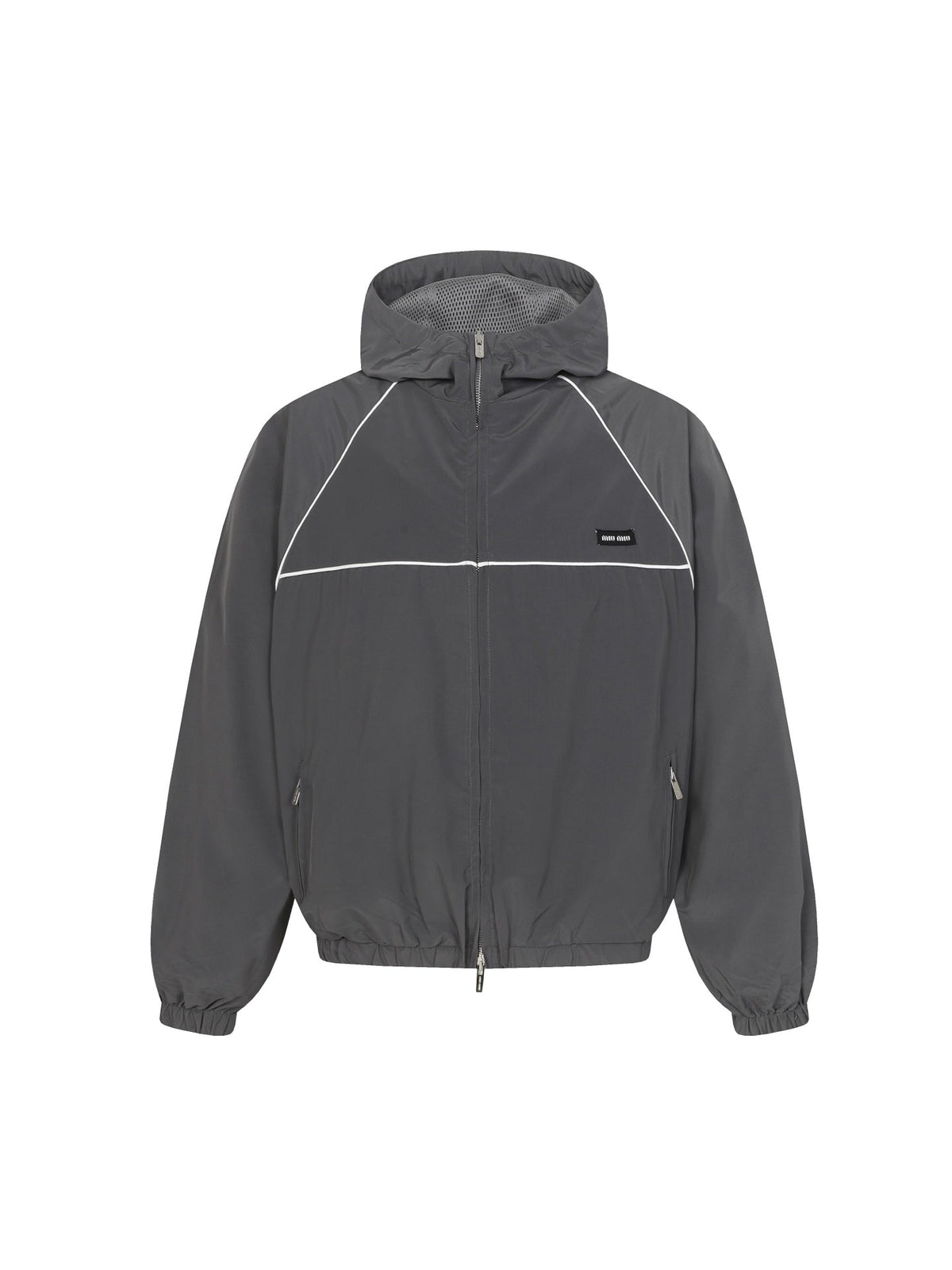 Miu Miu 26s Hooded Windbreaker Jacket Grey White Piping Logo