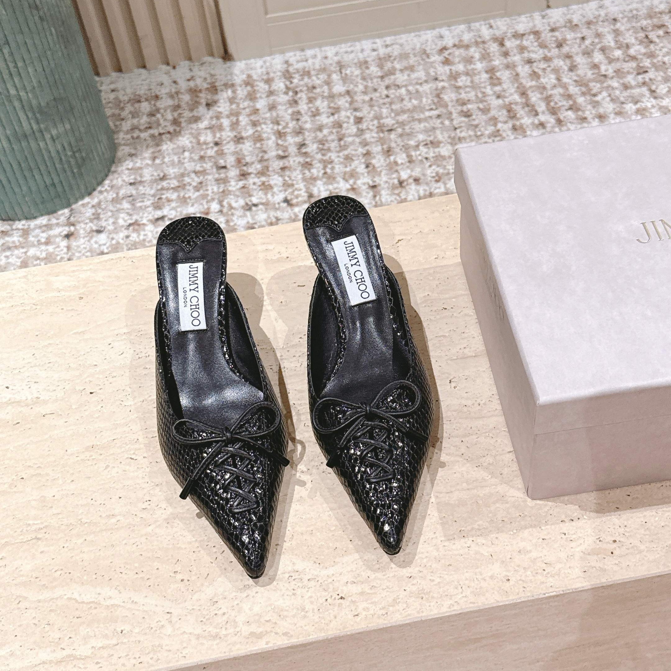 Jimmy Snake Embossed Scarlett Mule 50mm Black Cowhide 431846