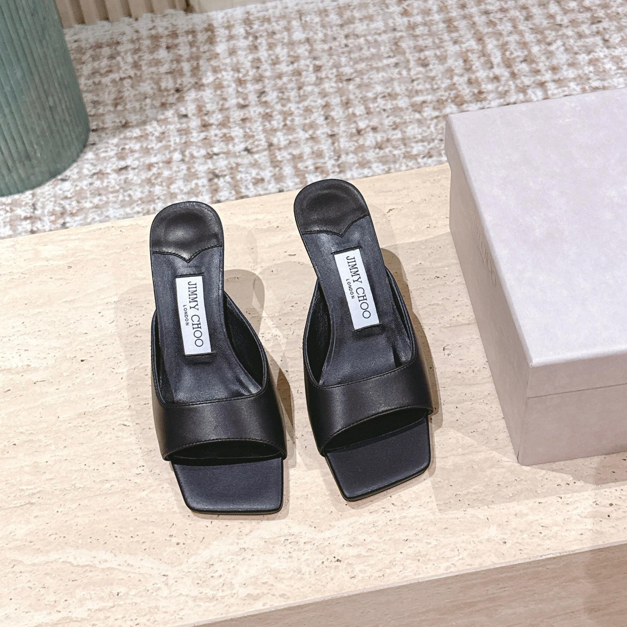 Jimmy 25s Skye Satin Mules 70mm Black Leather 431870