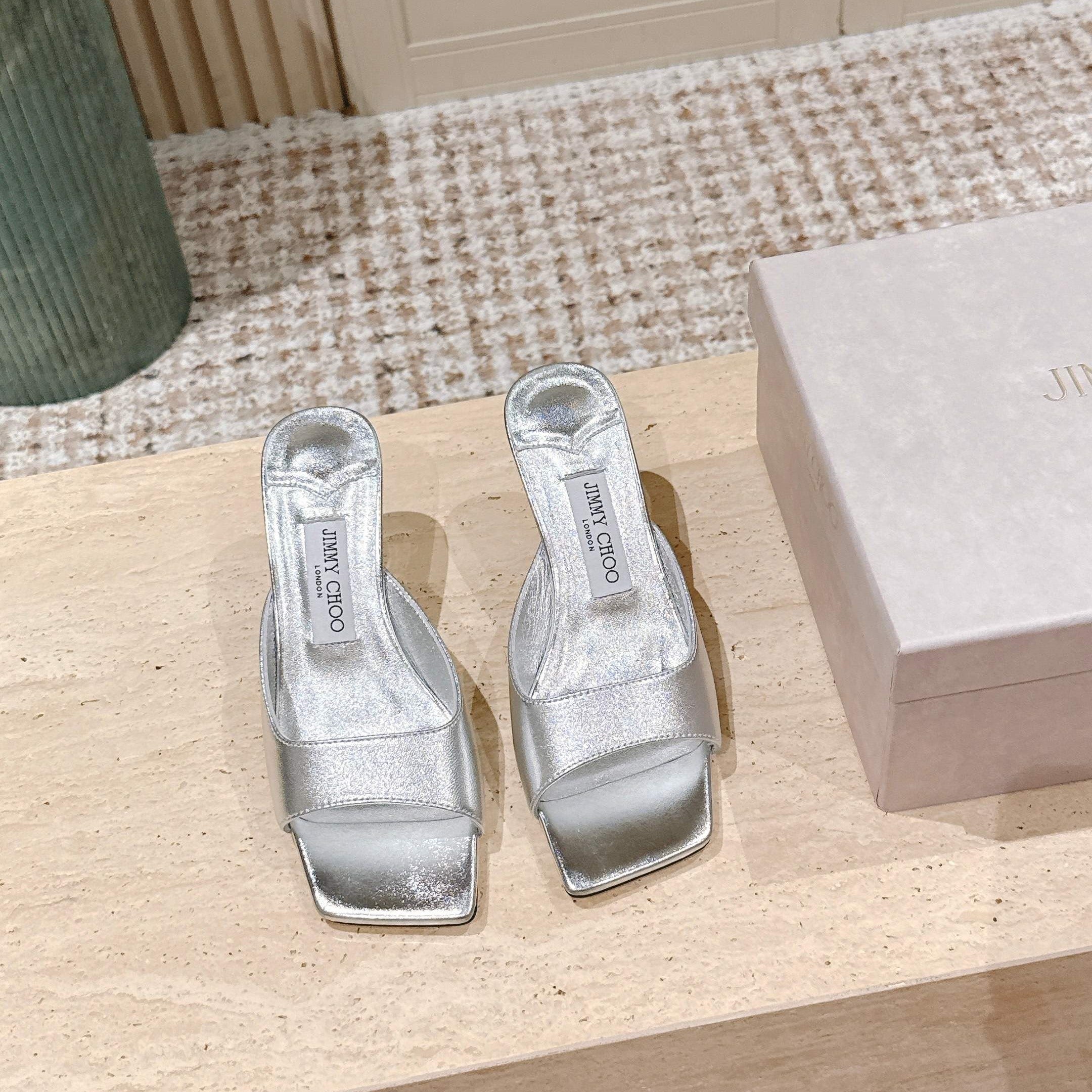 Jimmy 25s Skye Satin Mules 70mm Sliver Leather 431869