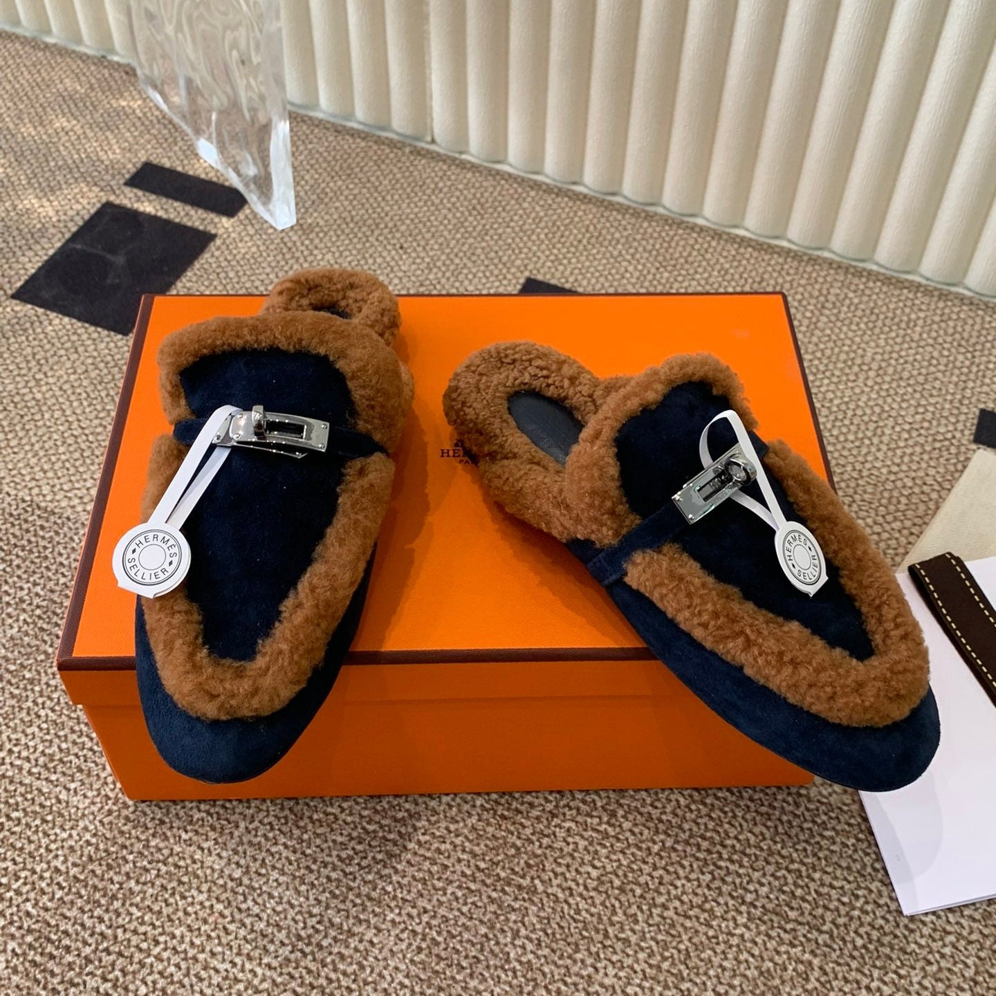 HM Oz Mule In Navy Blue Suede Lined With Wool Fleece 113195
