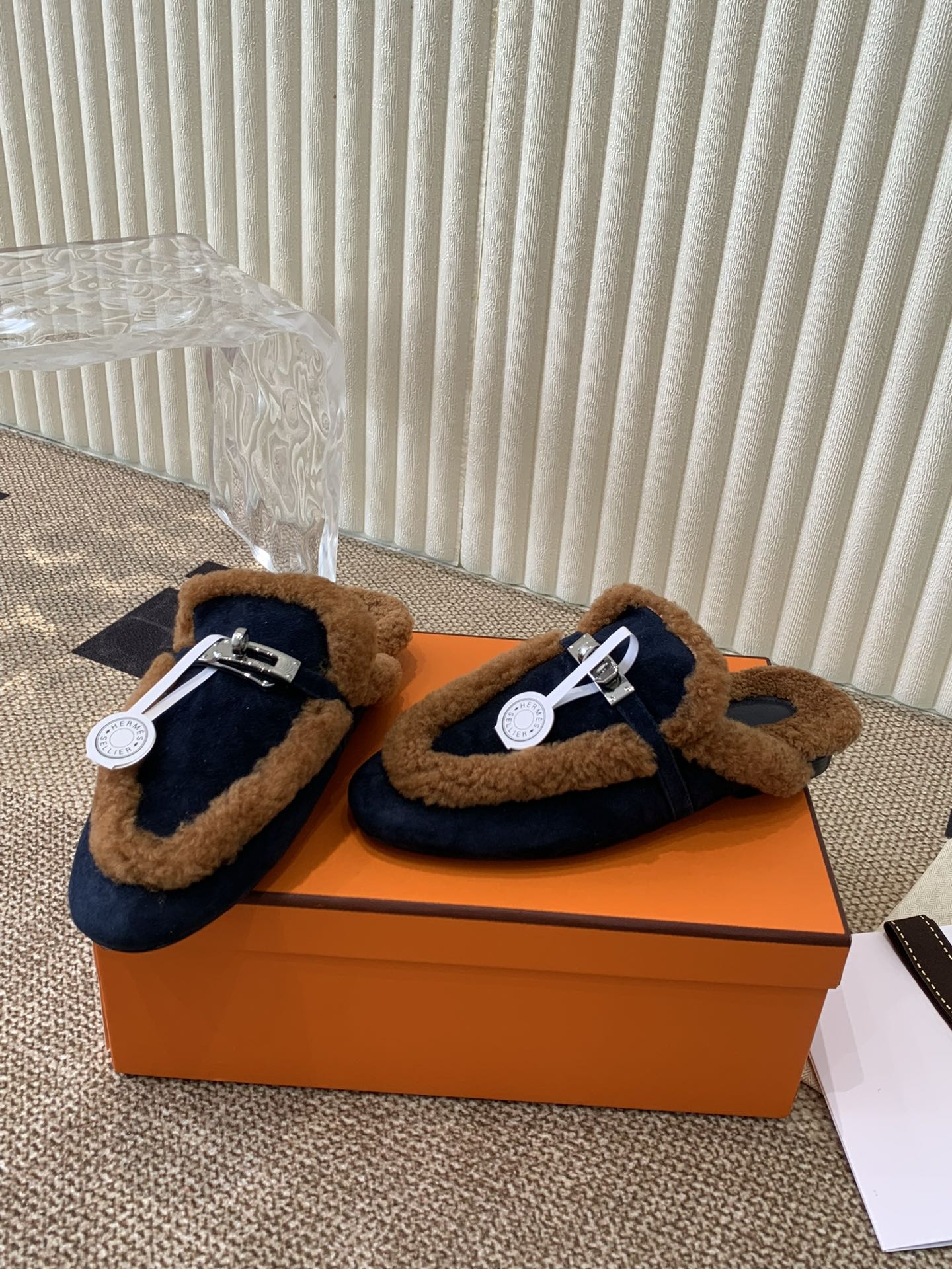 HM Oz Mule In Navy Blue Suede Lined With Wool Fleece 113195