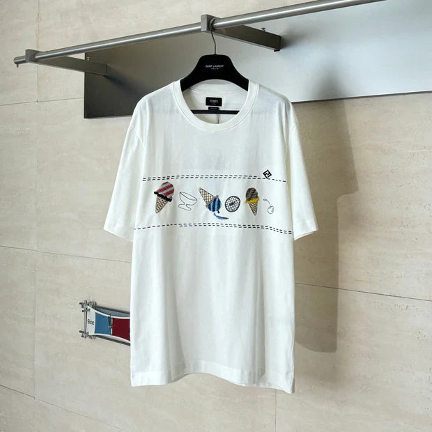 Fendi 2026 Fun Ice Cream Embroidered T-Shirt White Cotton 830011