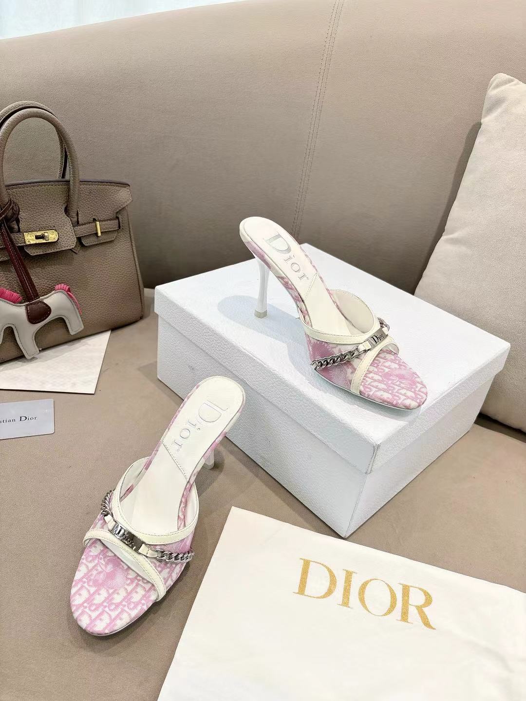 CD 26s Open Toe Mules 8.5cm Pink Oblique Canvas Chain Leather 116941