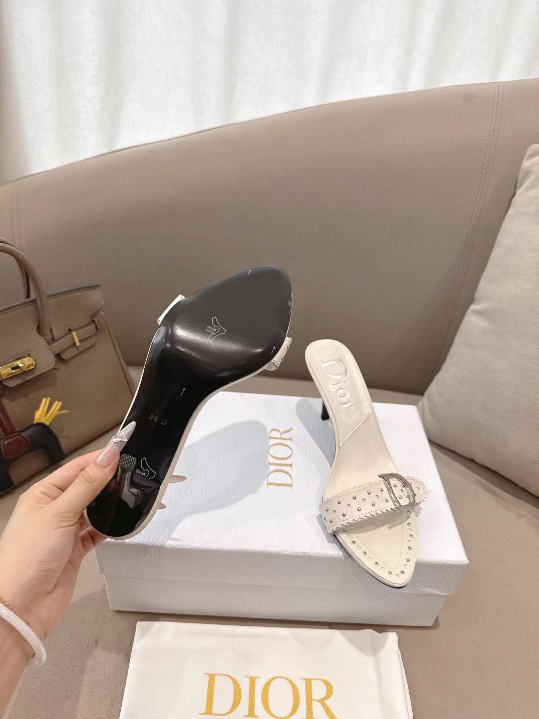 CD 26s Open Toe Mules 8.5cm White Studded Leather 116943