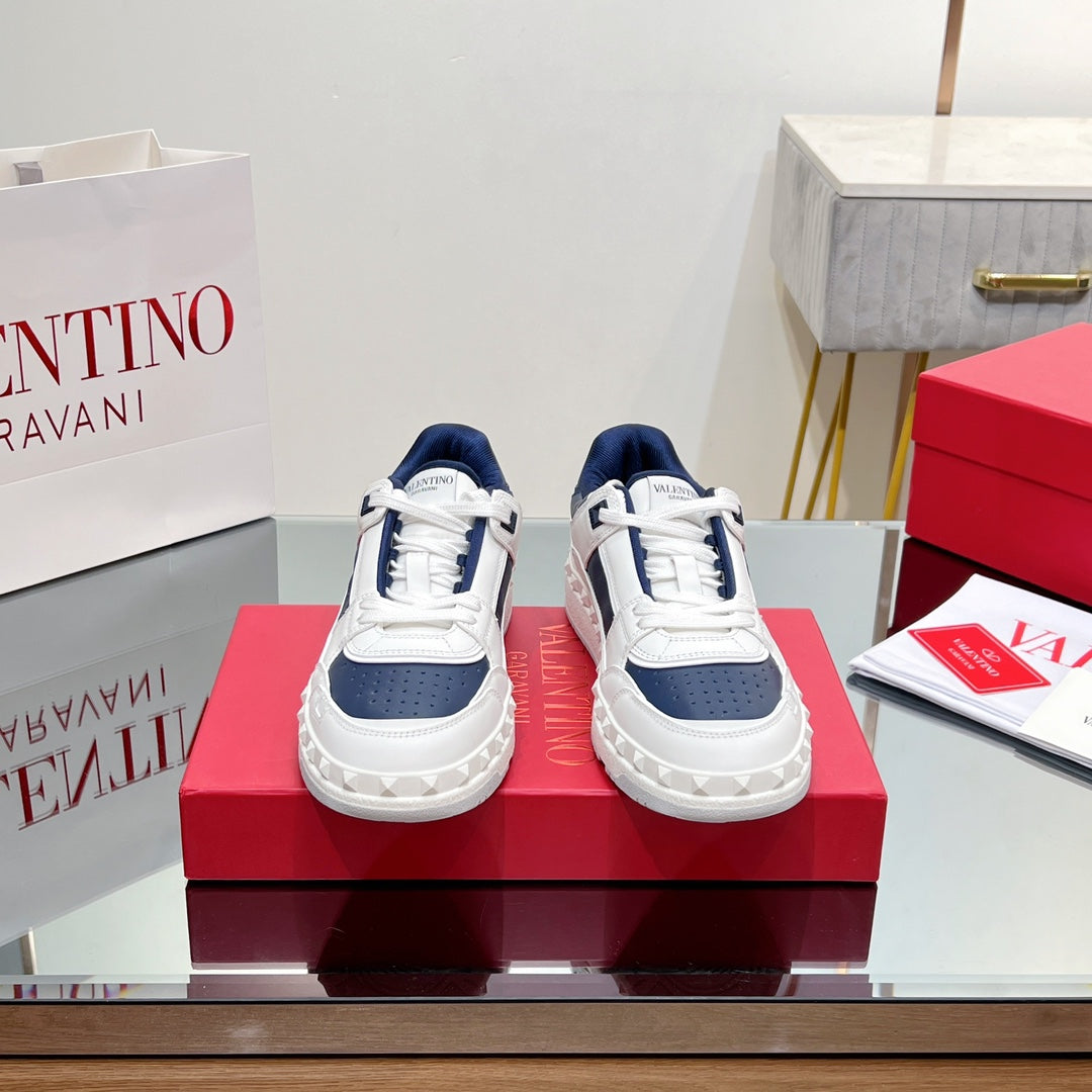 Valentino 25s Garavani Freedots Sneakers In White Mix Dark Navy Blue Lambskin