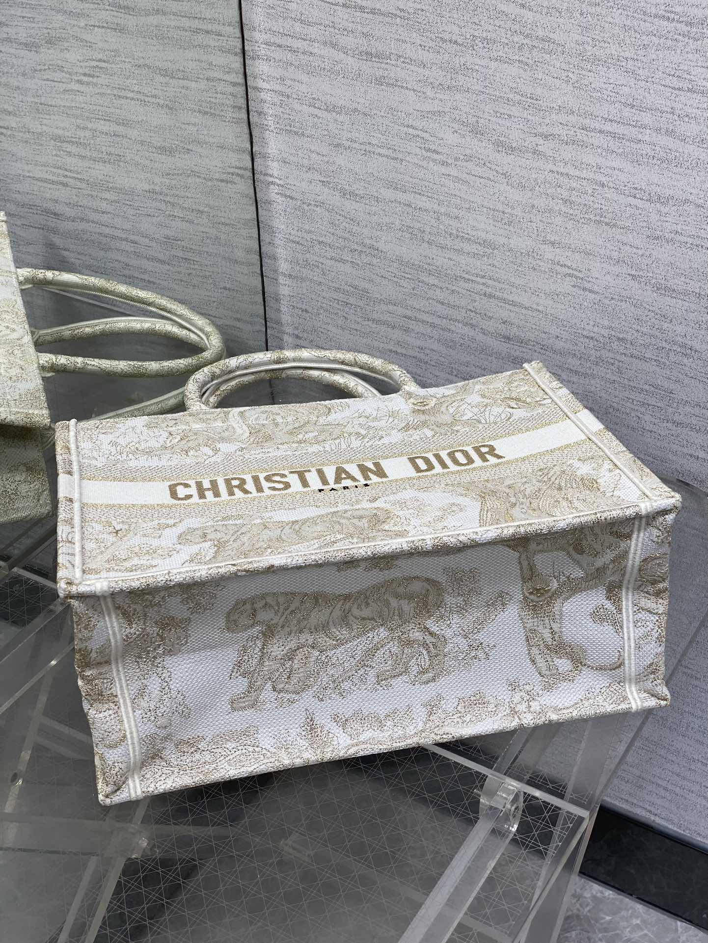 CD Medium Dior Book Tote Tiger Motif White Beige Cotton
