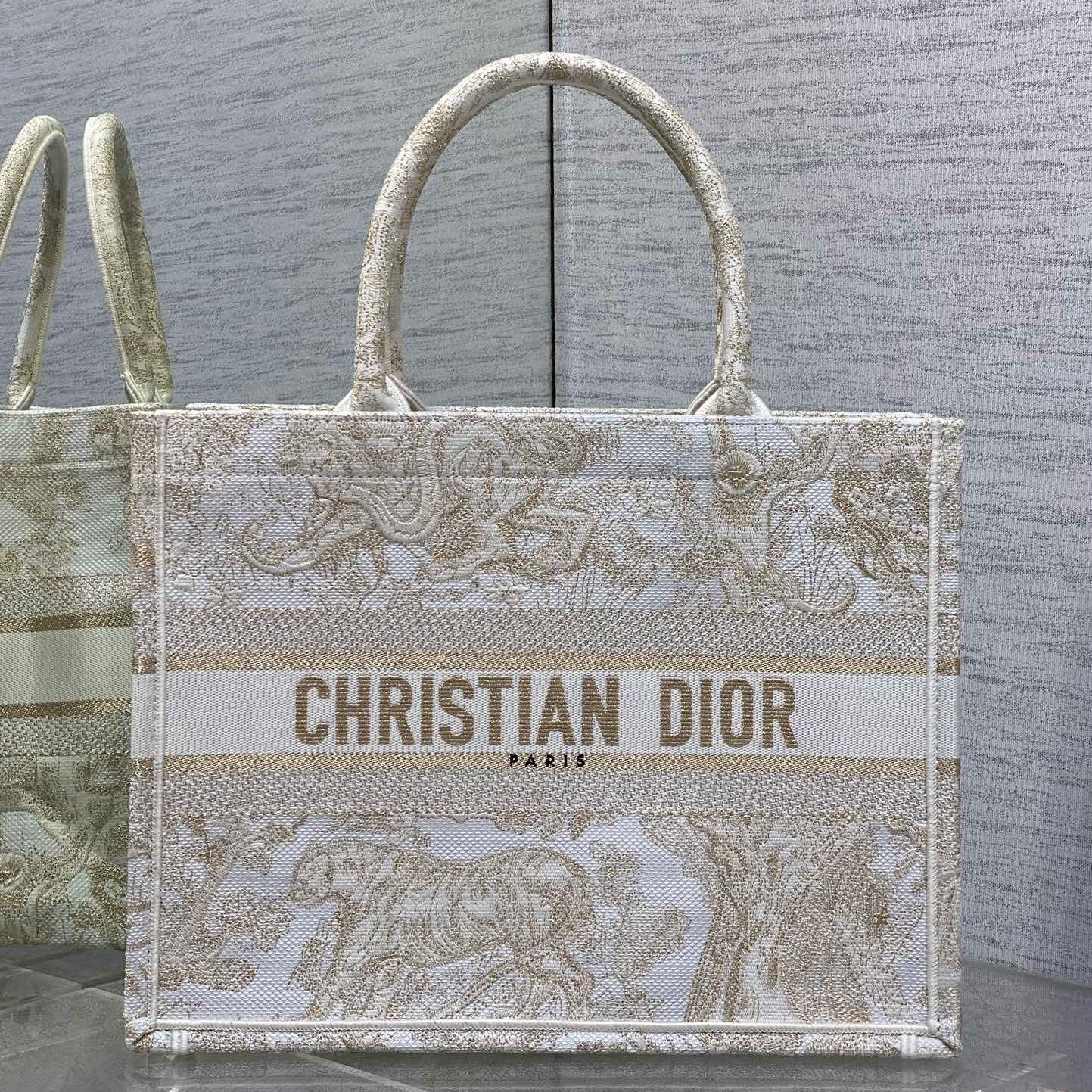 CD Medium Dior Book Tote Tiger Motif White Beige Cotton