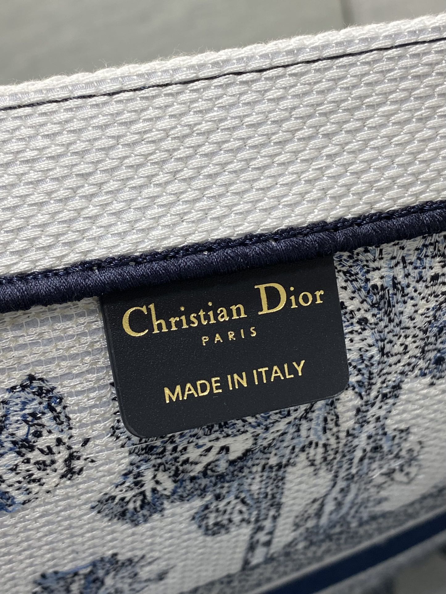 CD Larger Dior Book Tote Tropical Pattern Slate Blue White Black Cotton