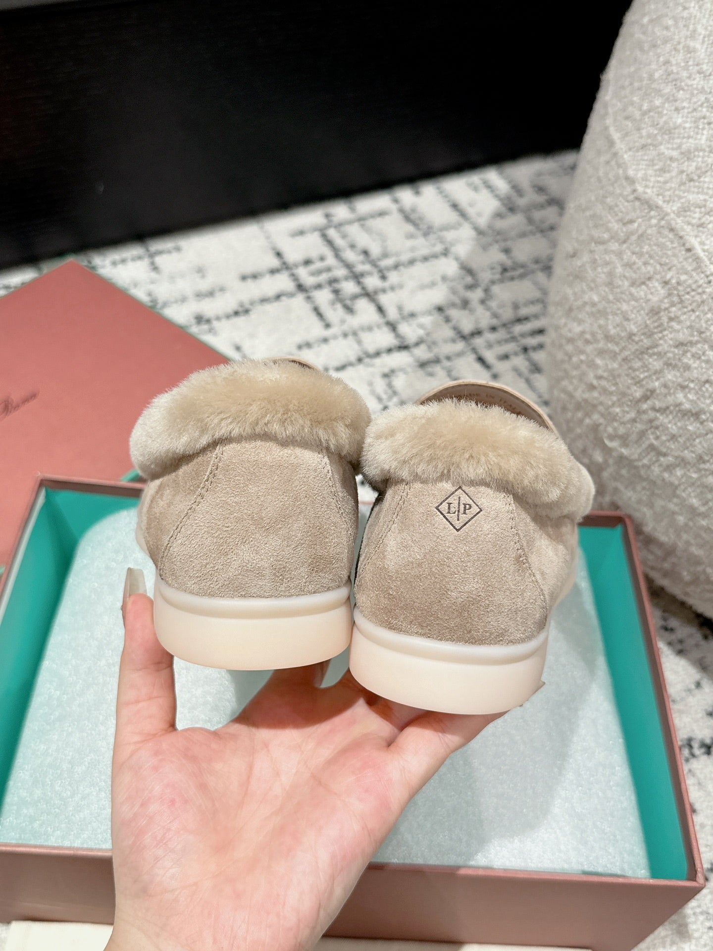 LP Summer Charms Walk Loafers In Light Brown Beige Suede With Rabbit Fur Lining 985651