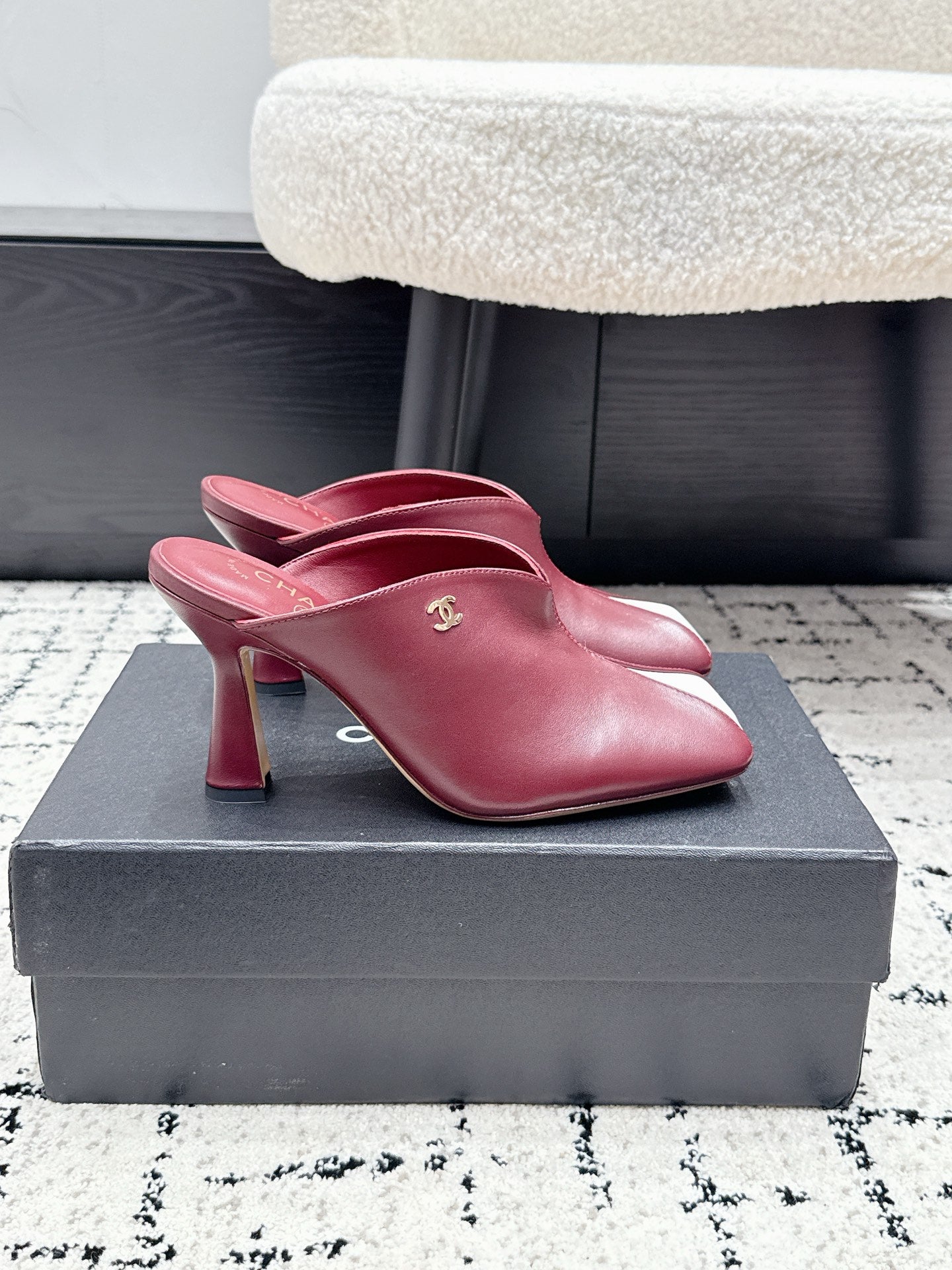 CC 26s Square Toe High Heels 9.5cm Burgundy White Sheepskin 880458