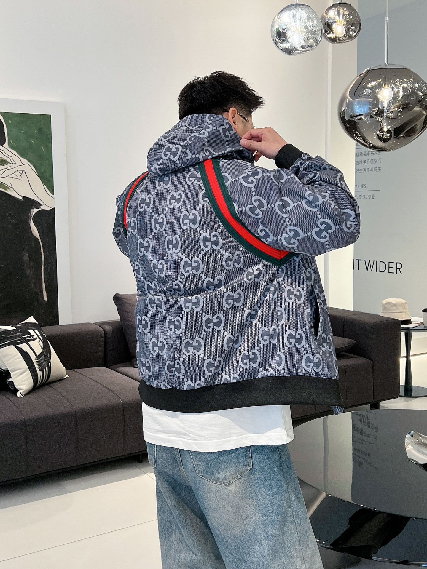 Gucci Men’s Zip Jacket With Web Grey Dark Grey Cotton Technical Fabric