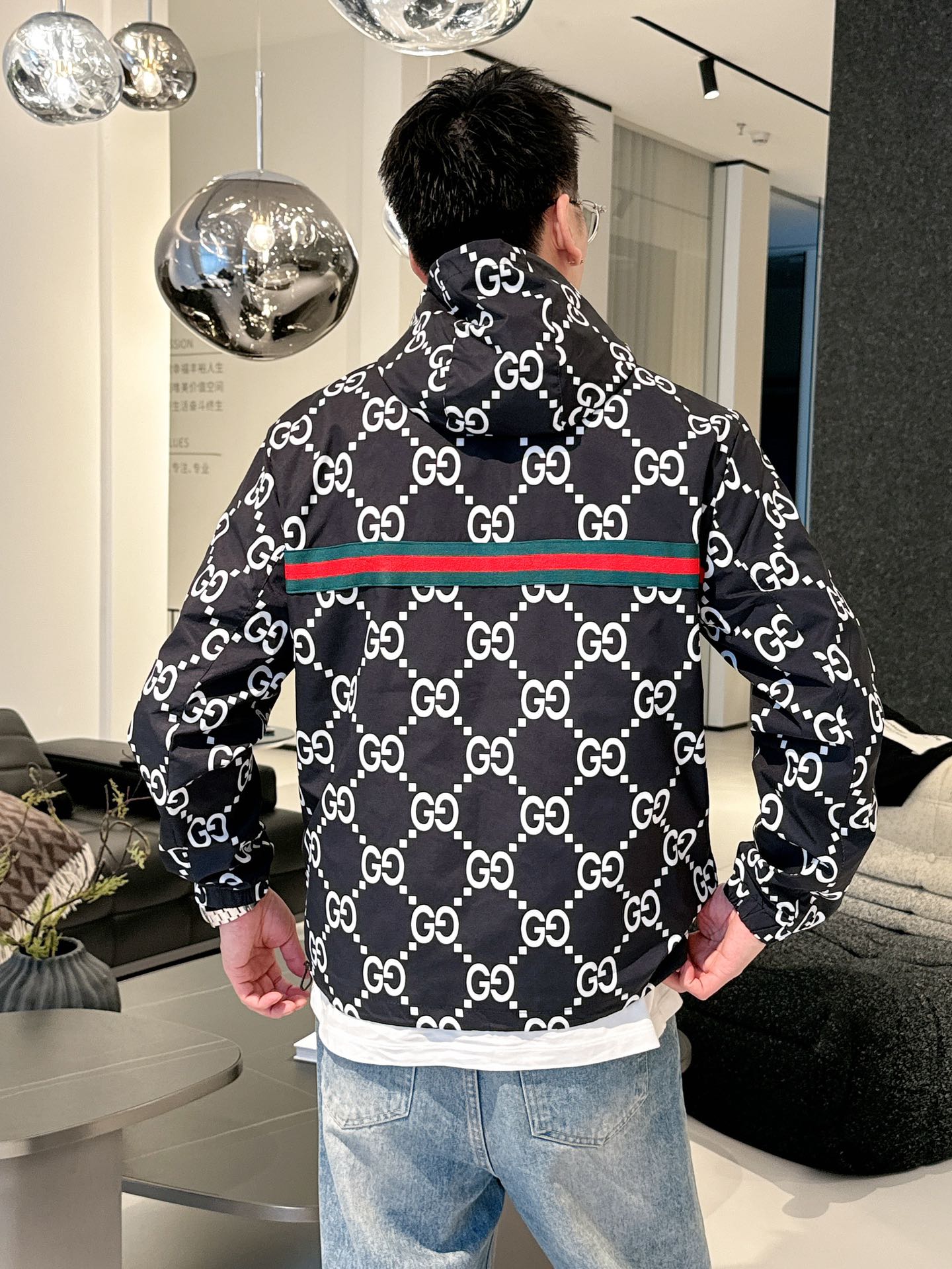 Gucci Men’s Reversible Ripstop Jacket Black White Nylon Fabric