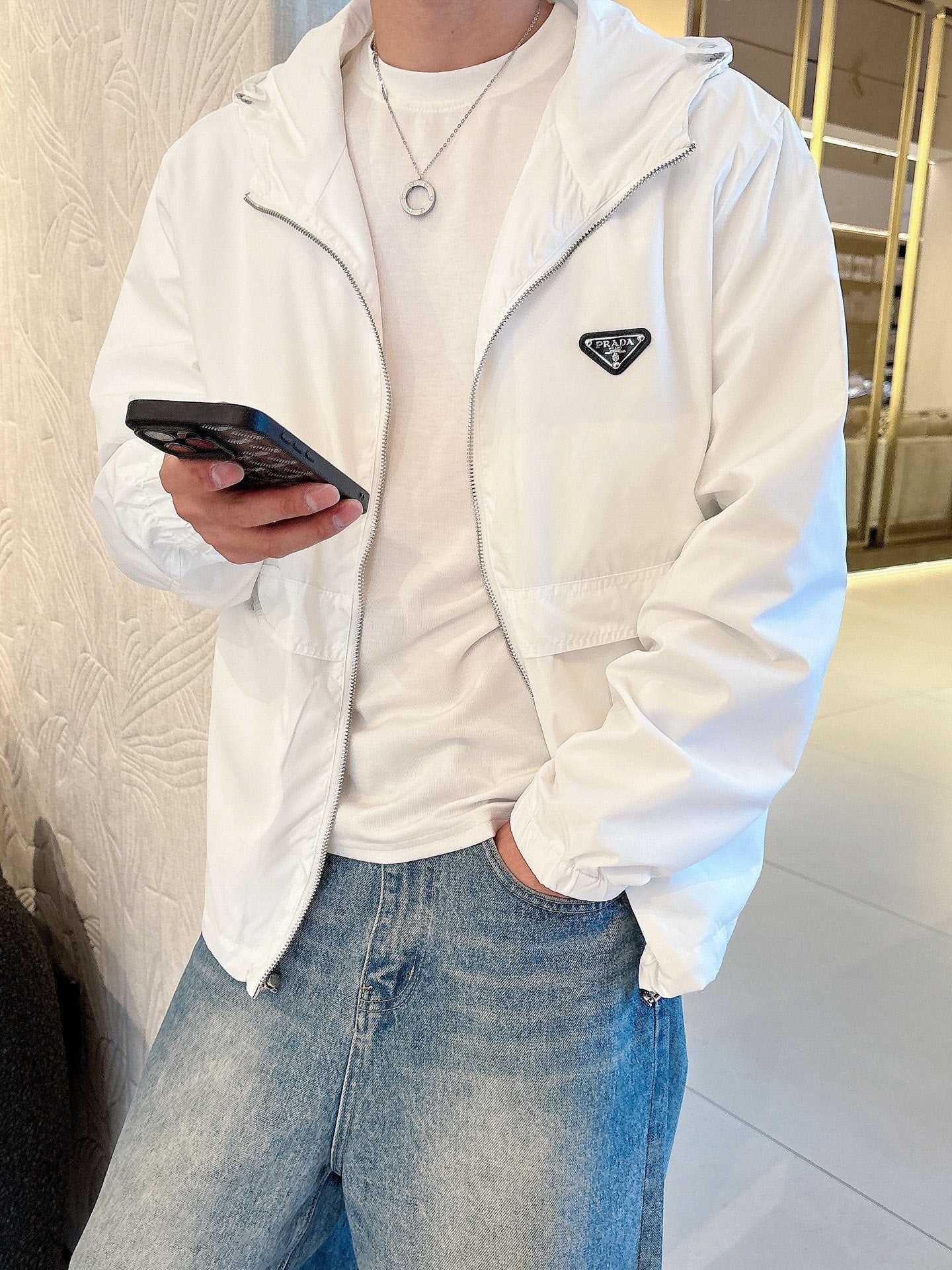 Prada Men’s Logo-Plaque Hooded Windbreaker White Nylon
