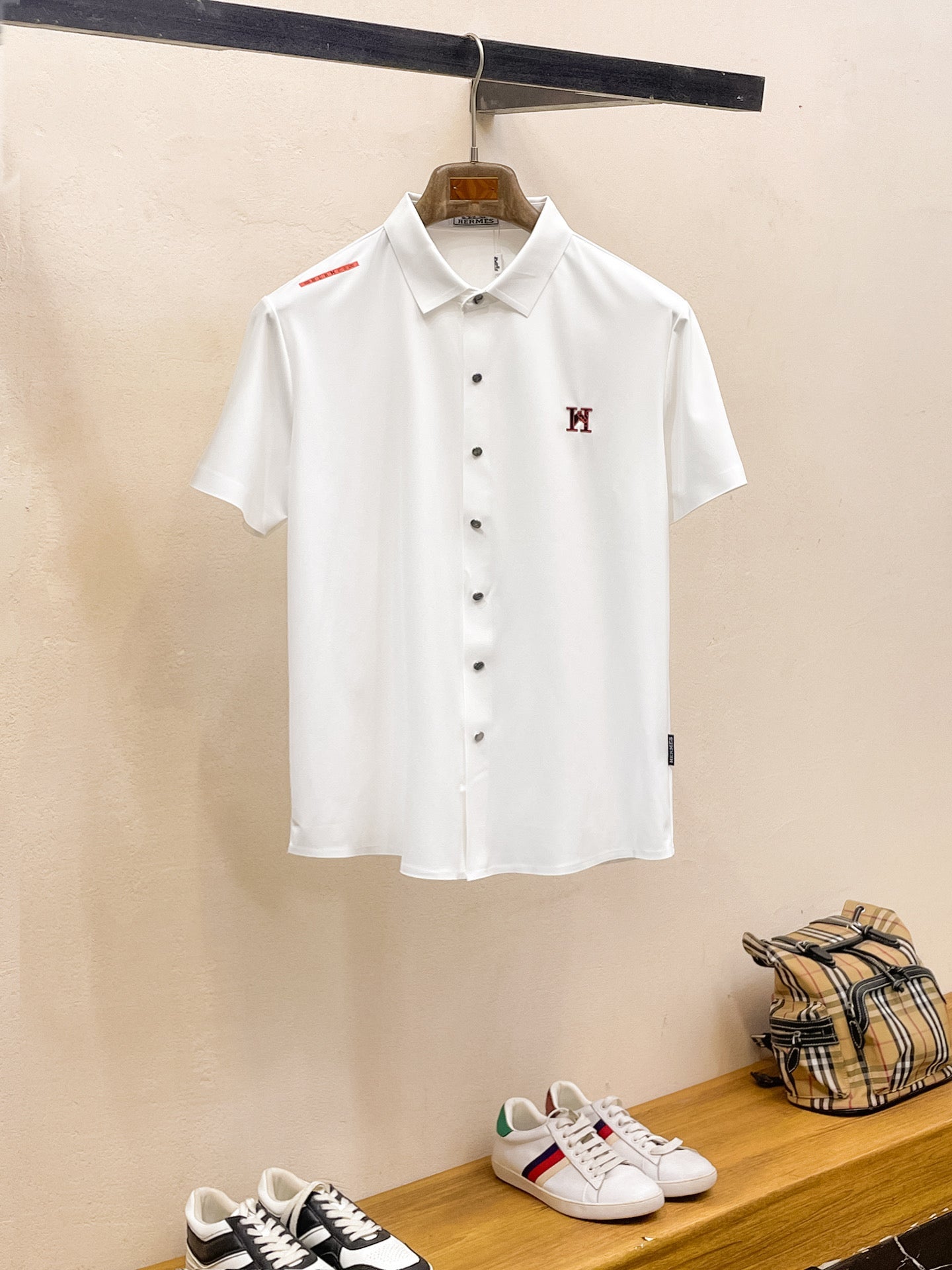 HM Men Short-Sleeve Polo Shirt White Silk