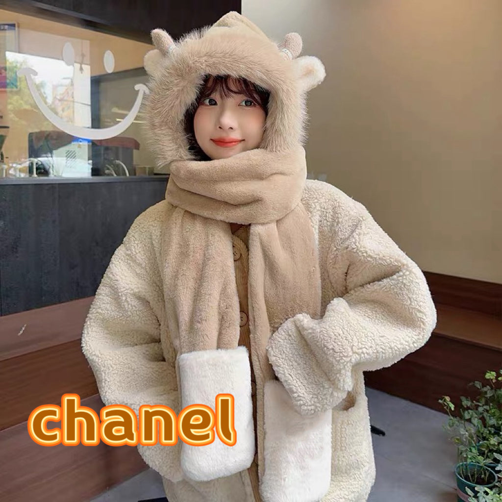 CC Hooded Scarf Gloves Brown Fur 477458