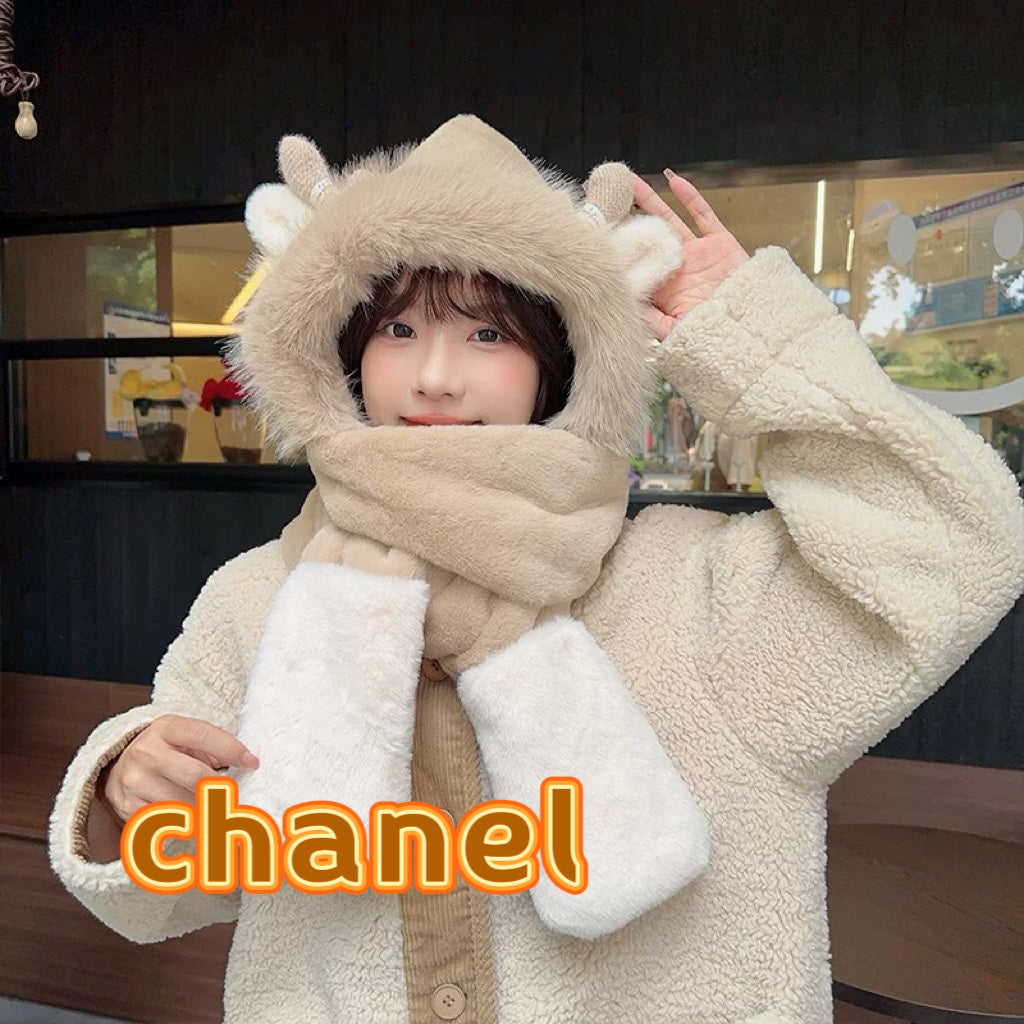 CC Hooded Scarf Gloves Brown Fur 477458