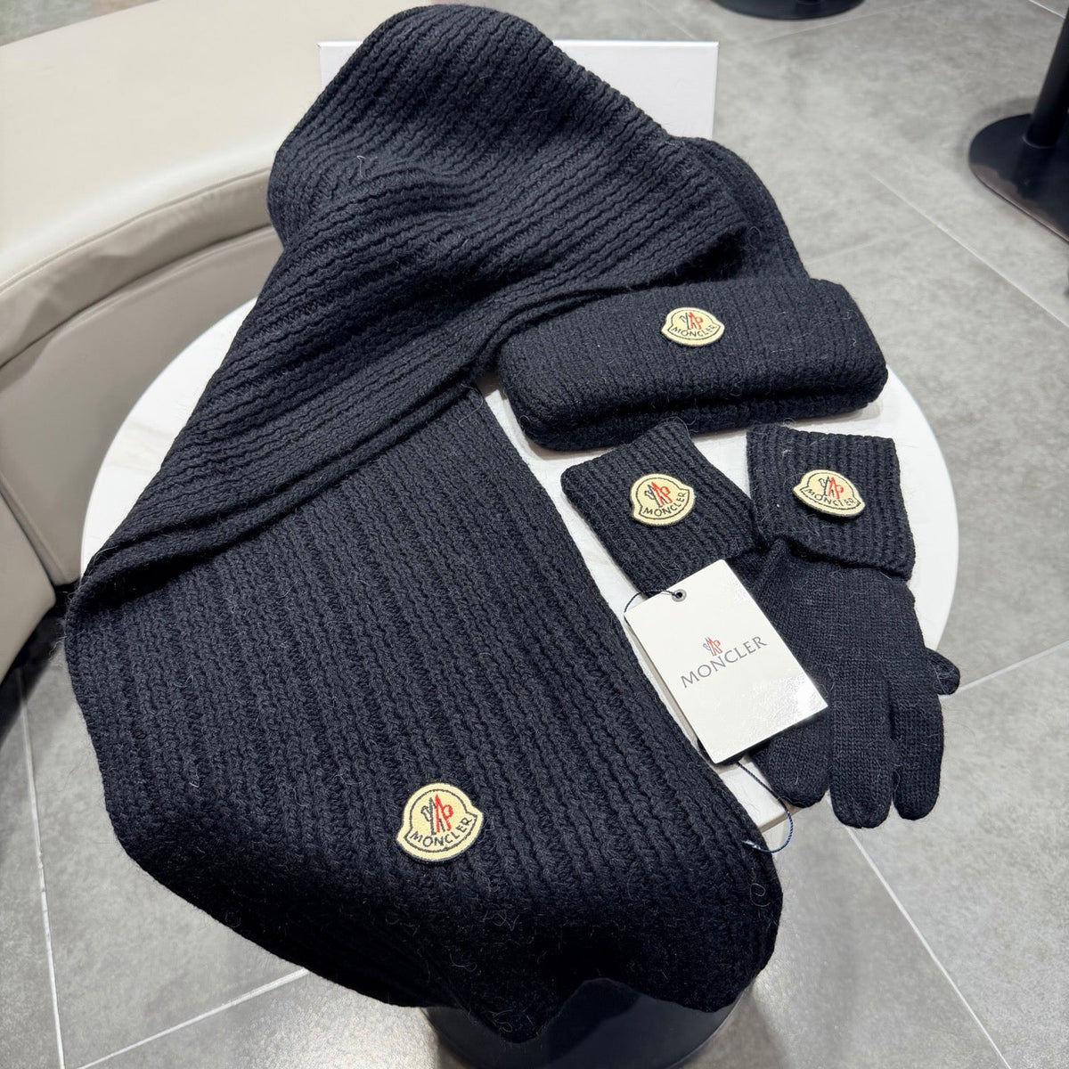 Moncler Accessories Scarf Beanie and Gloves Set Black Knit 540855