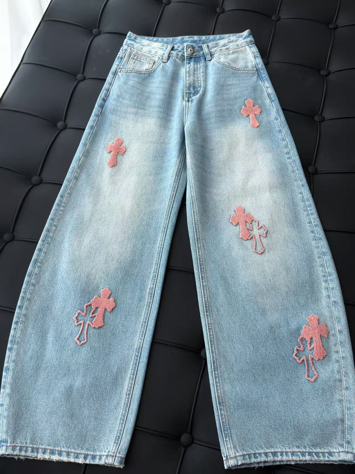 Chrome Hearts 26s Light Blue Pink Cross Patch Denim Wide-Leg Jeans 447670