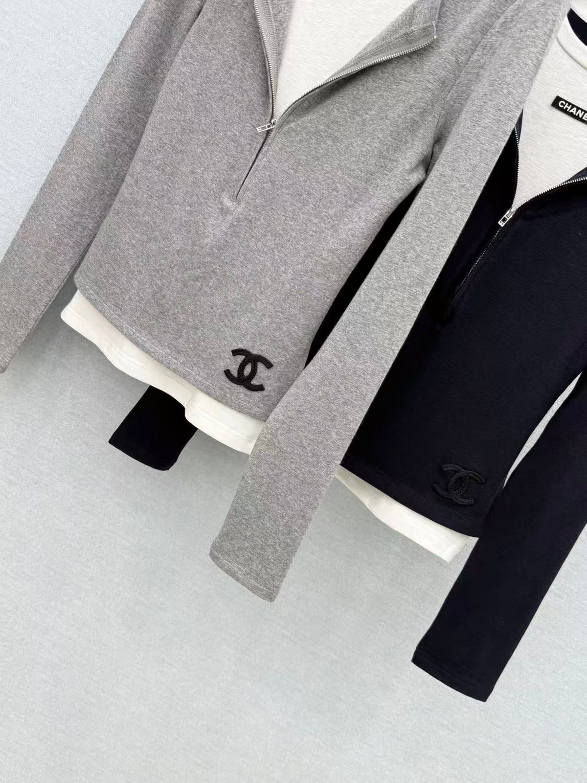 Chanel 26s Grey / Black Zip-Up Knit Mock-Two-Piece Top 447683