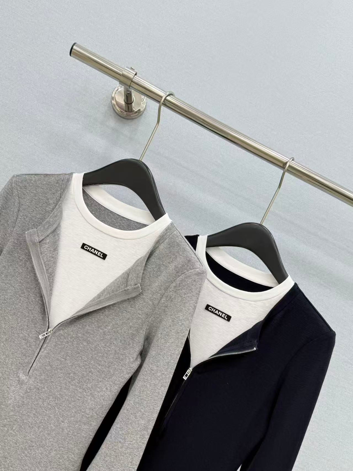 Chanel 26s Grey / Black Zip-Up Knit Mock-Two-Piece Top 447683