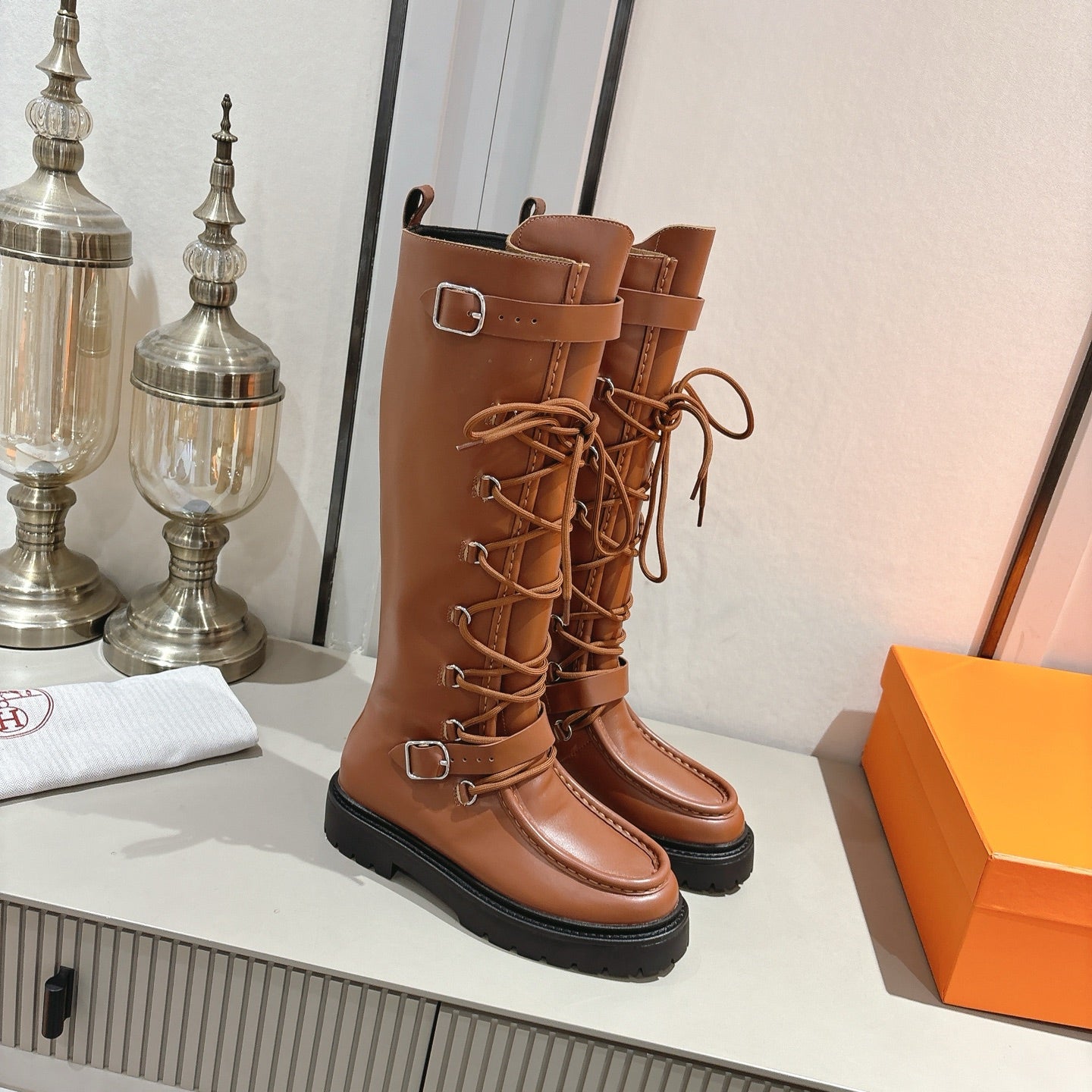 HM Lace Up Boots 25mm Belt Buckle Caramel Leather 466586