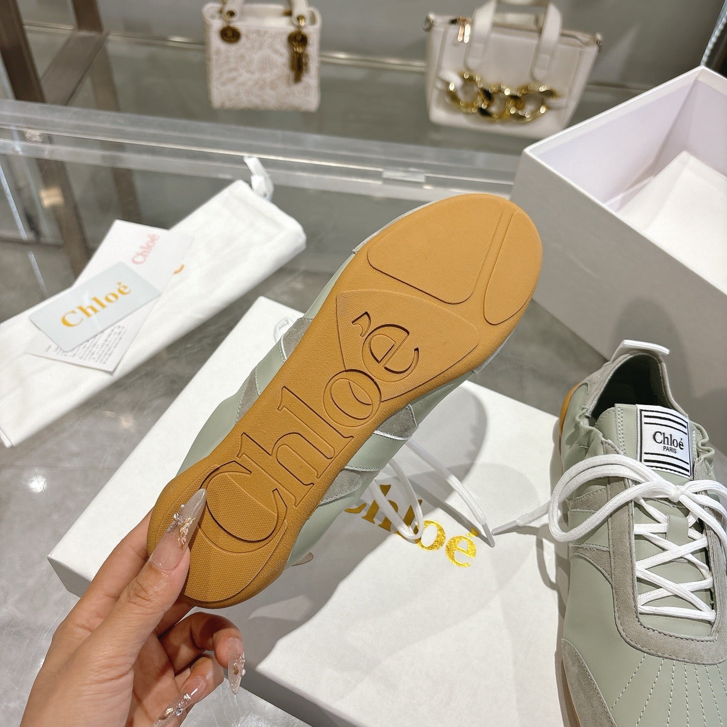 Chloe Sneaker casual shoes light sage green cowhide 518813