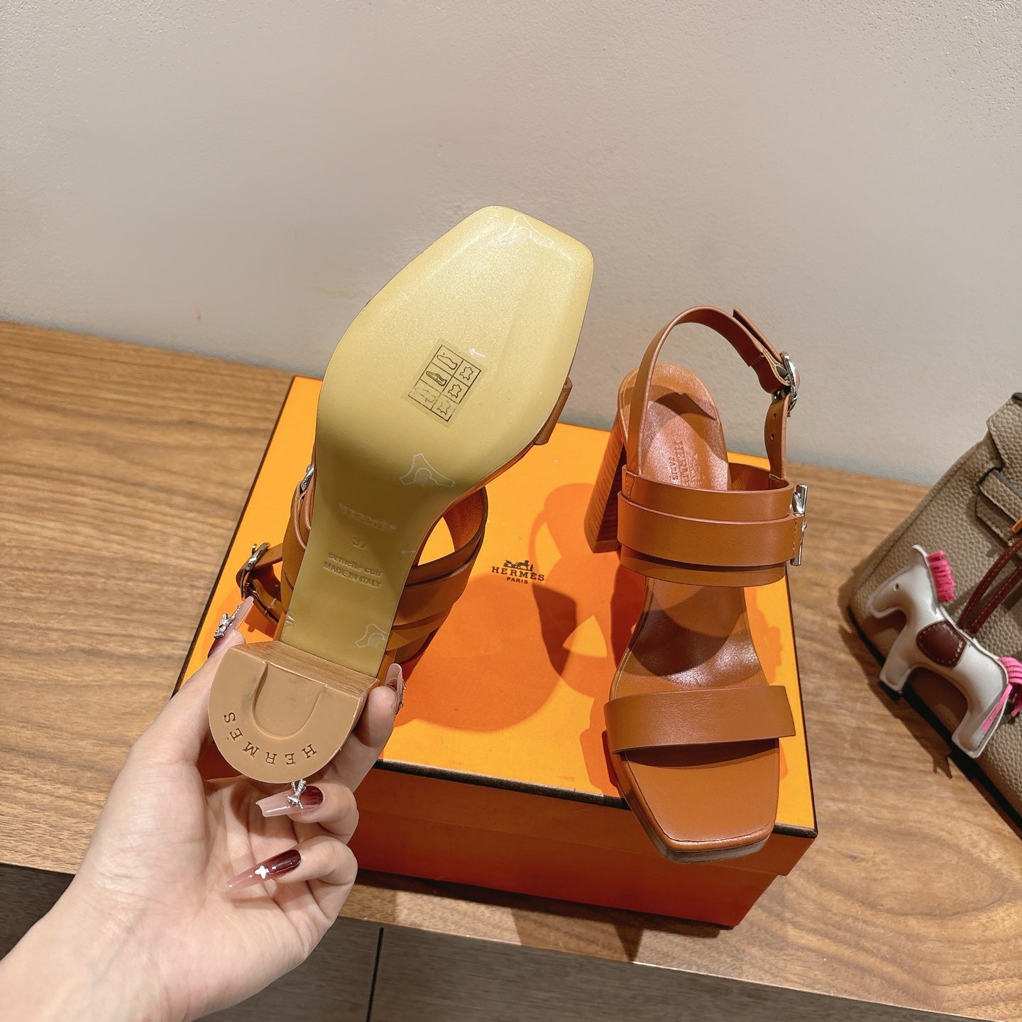 HM 26S Gigi 85 Sandal In Camel Brown Calfskin Silver Hardware