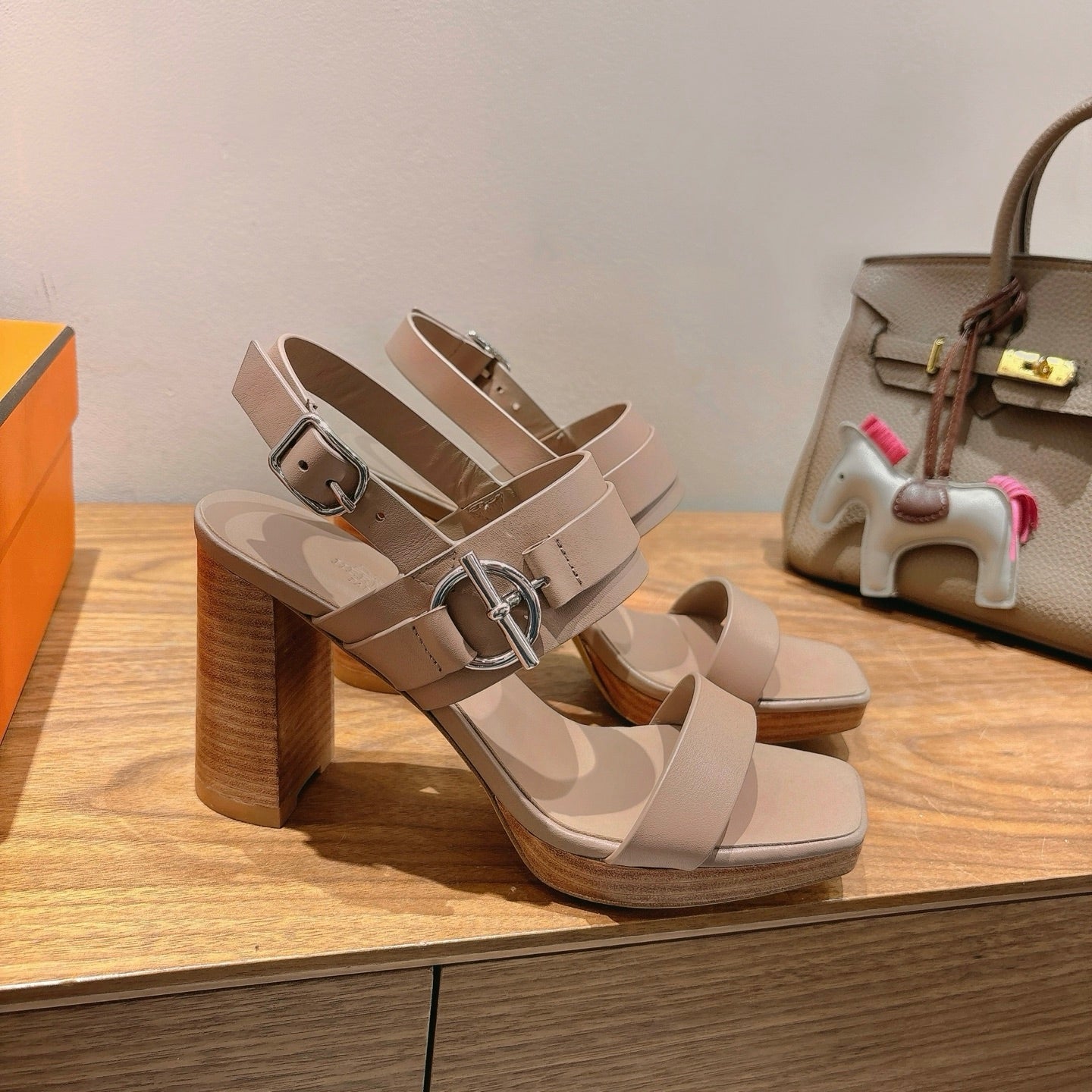 HM 26S Gigi 85 Sandal In Nude Beige Calfskin Silver Hardware